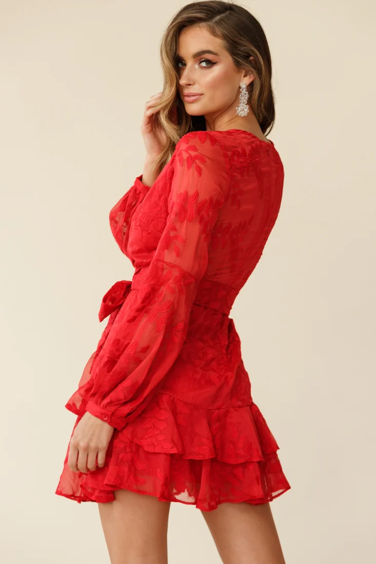 Kerry Layered Balloon Sleeve Dress Floral Embroidered Red