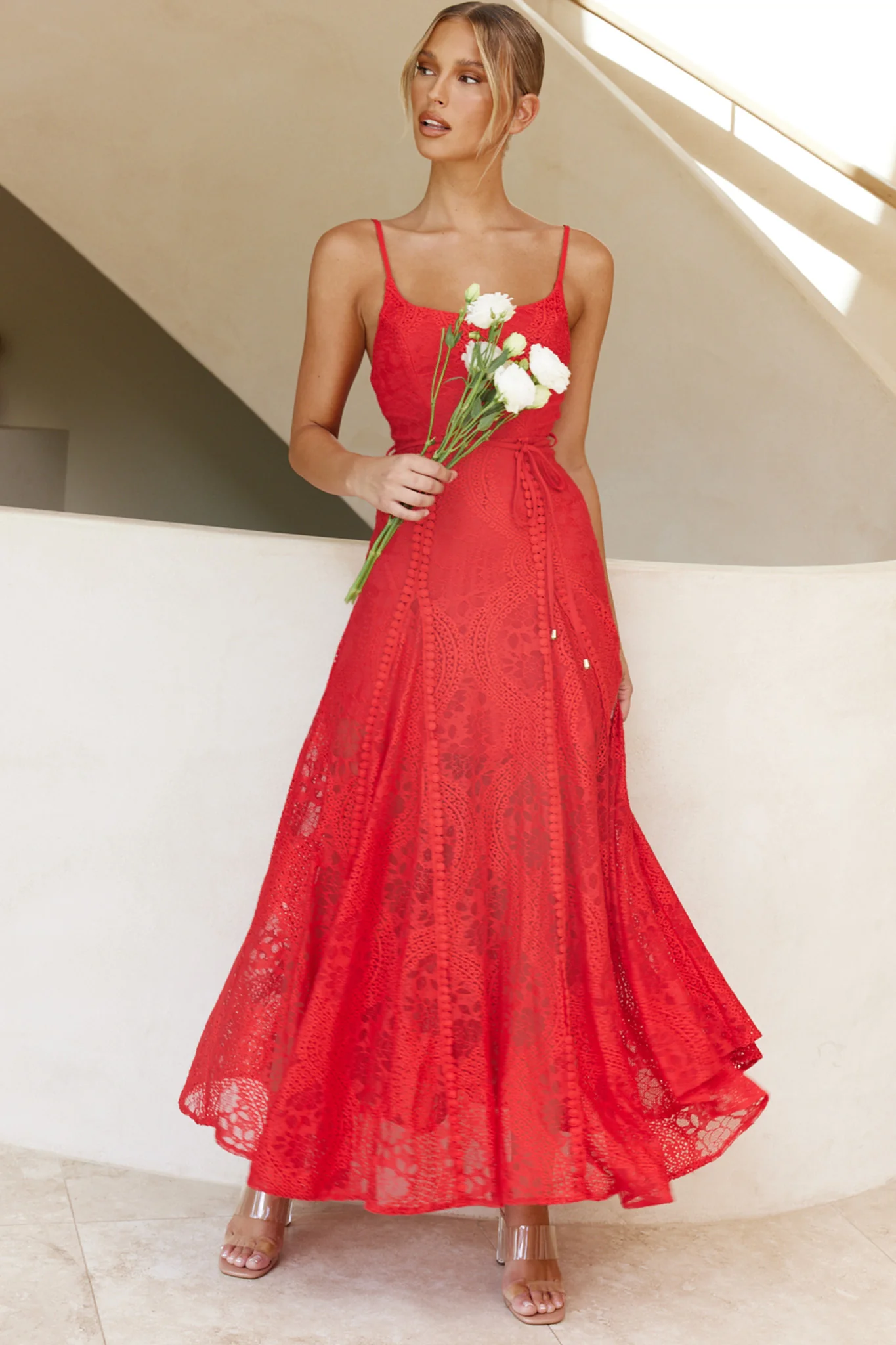 Palm Springs Lace Overlay Maxi Dress Red