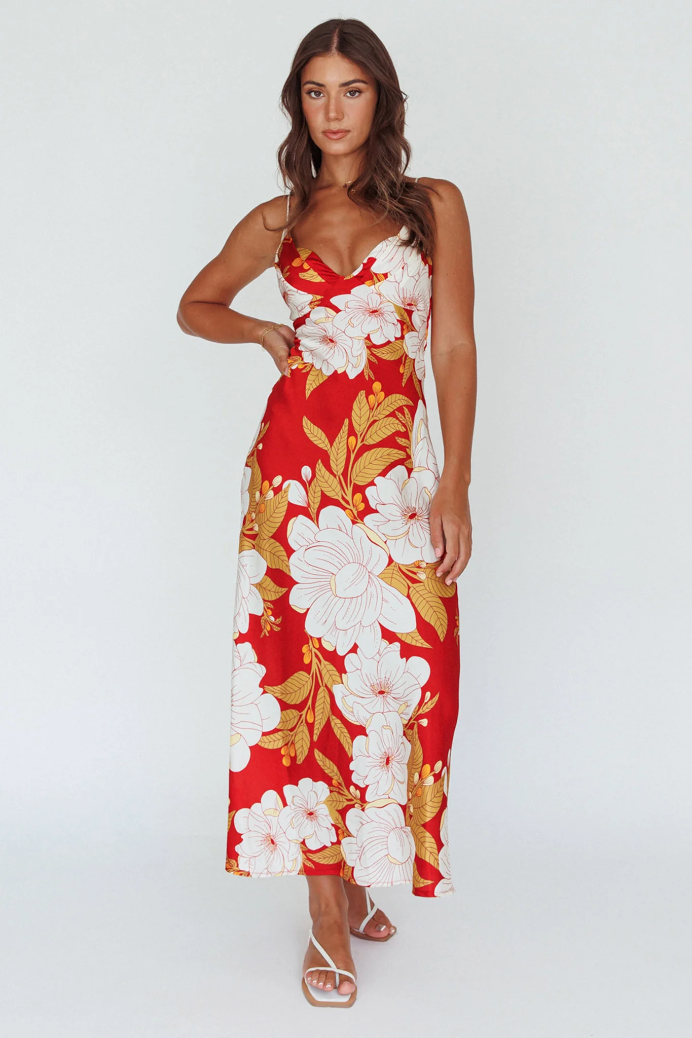 Infinity Pintuck Bust Midi Dress Flower Red