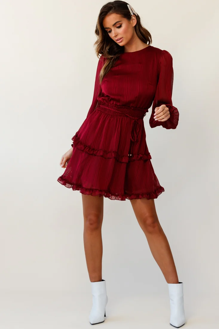 Mildred Long Sleeve Shirred Waist Frill Dress Wine