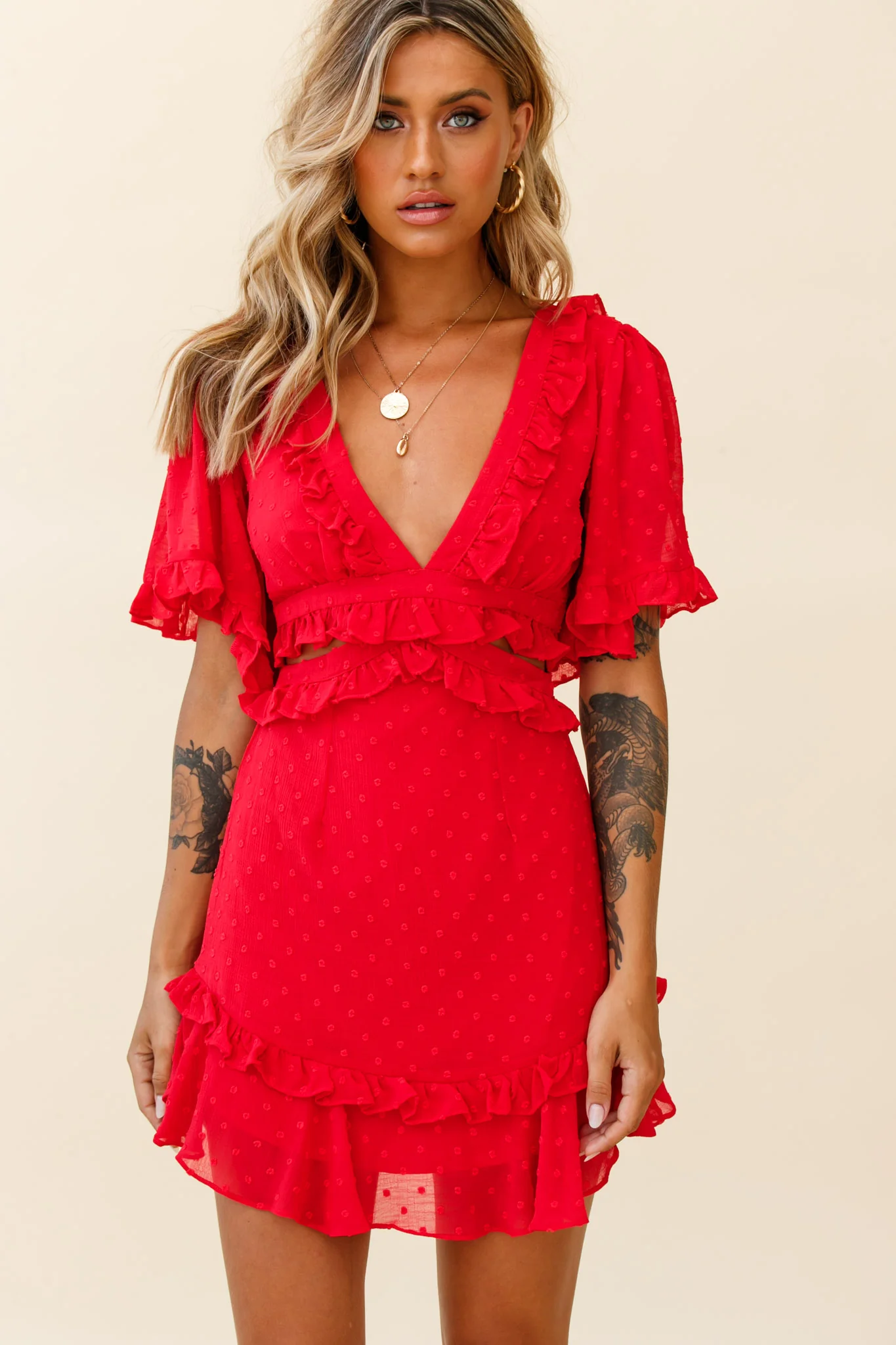 My Belle Cut-Out Detail Frill Accent Dress Red