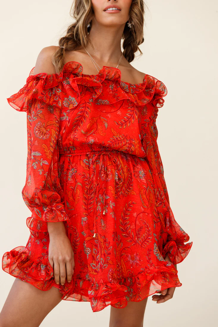 Rhiannon Off-Shoulder Lettuce Frill Dress Floral Print Red