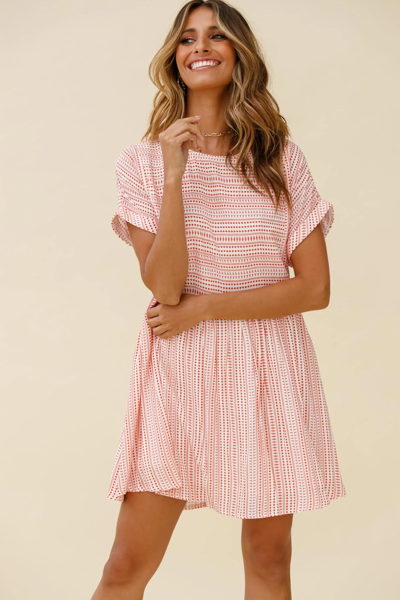 Susie Rolled Sleeve Crew Neck Swing Dress Stripe Pattern Red