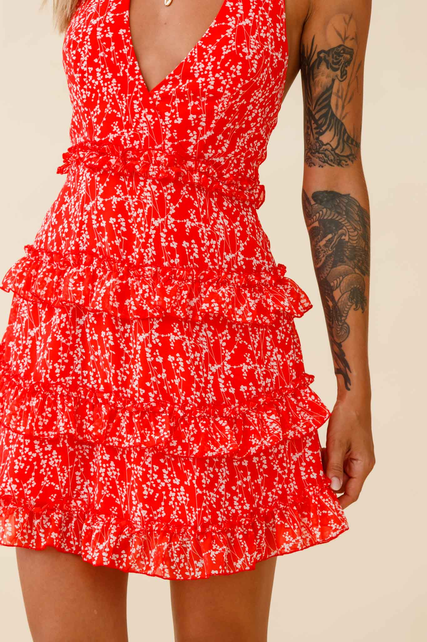 Venezuela Ruffle Trim Tie-Back Halterneck Dress Floral Print Red/White