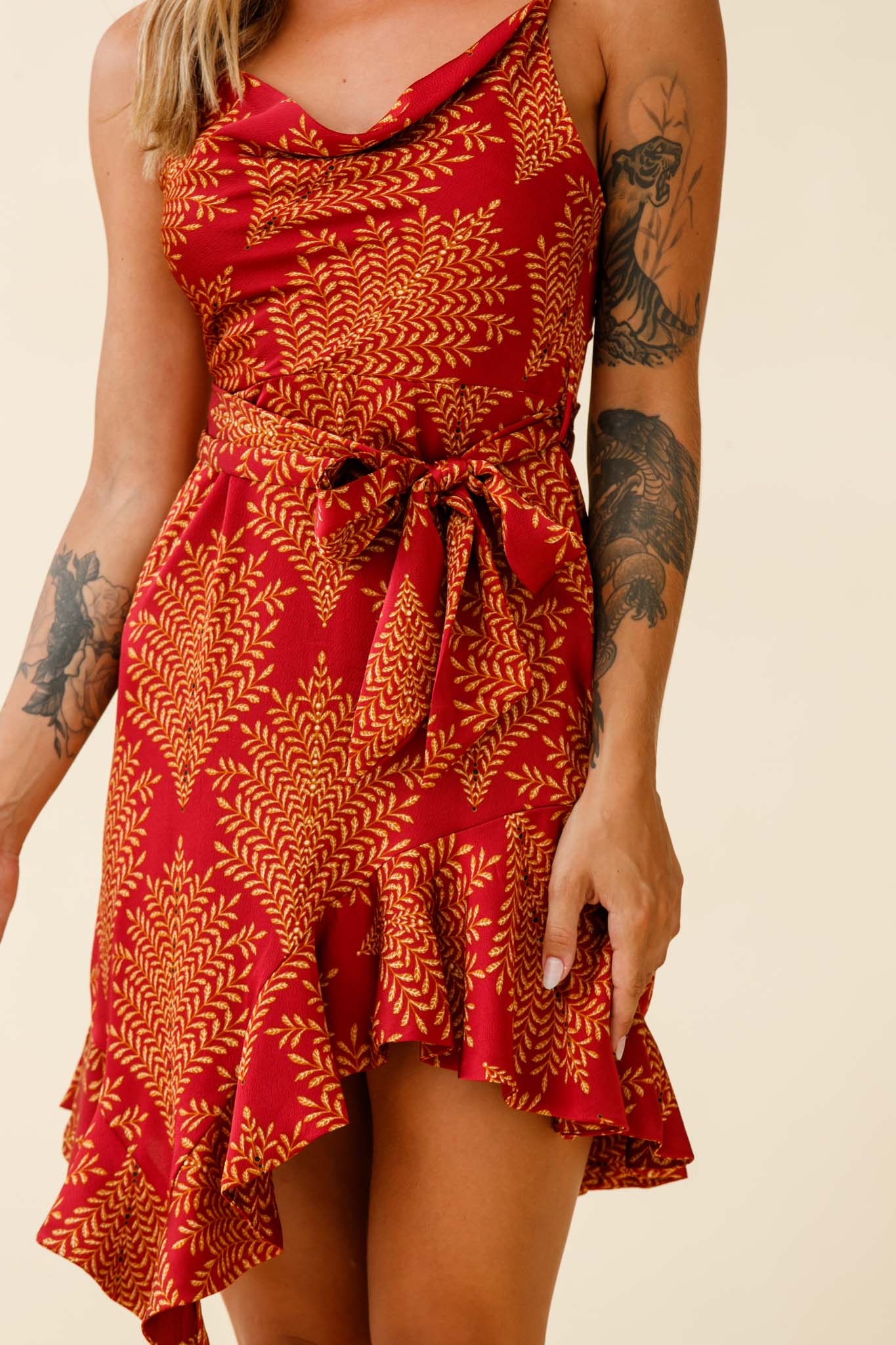 On The Prowl Cowl Neck Asymmetrical Hem Dress Leaf Print Wine