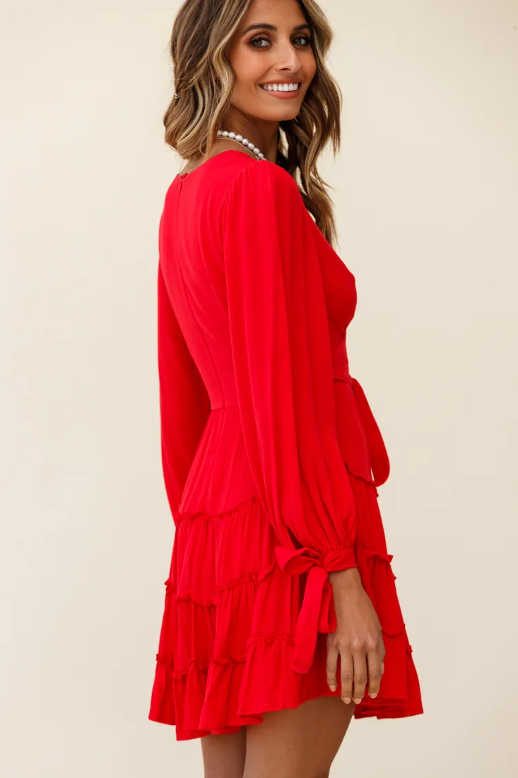 Jocelyn Long Sleeve Tied Cuff Frill Dress Red