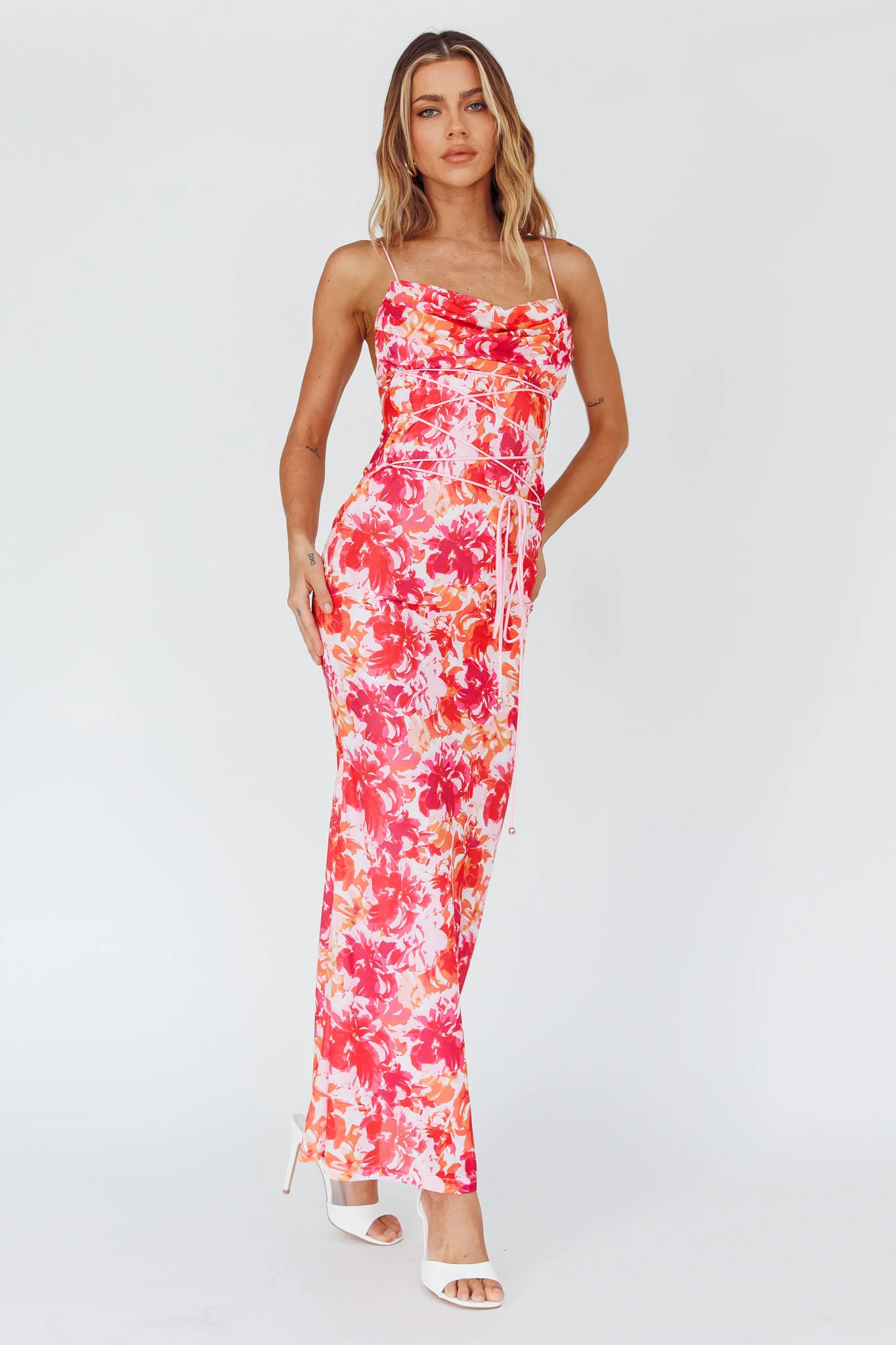 Teava Laced Waist Midi Dress Floral Red