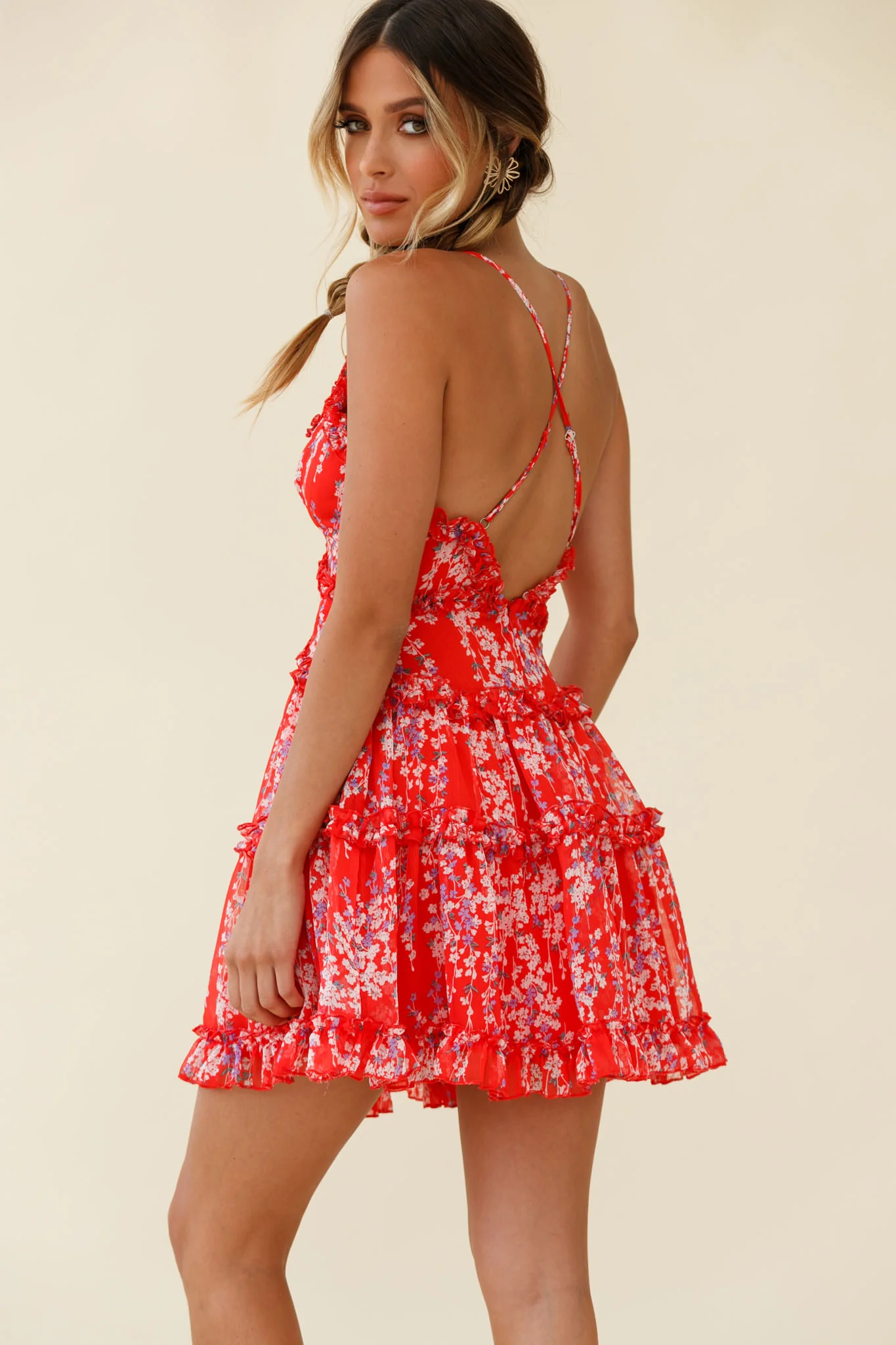 Laney Low Back Cami Strap Dress Floral Vine Print Red