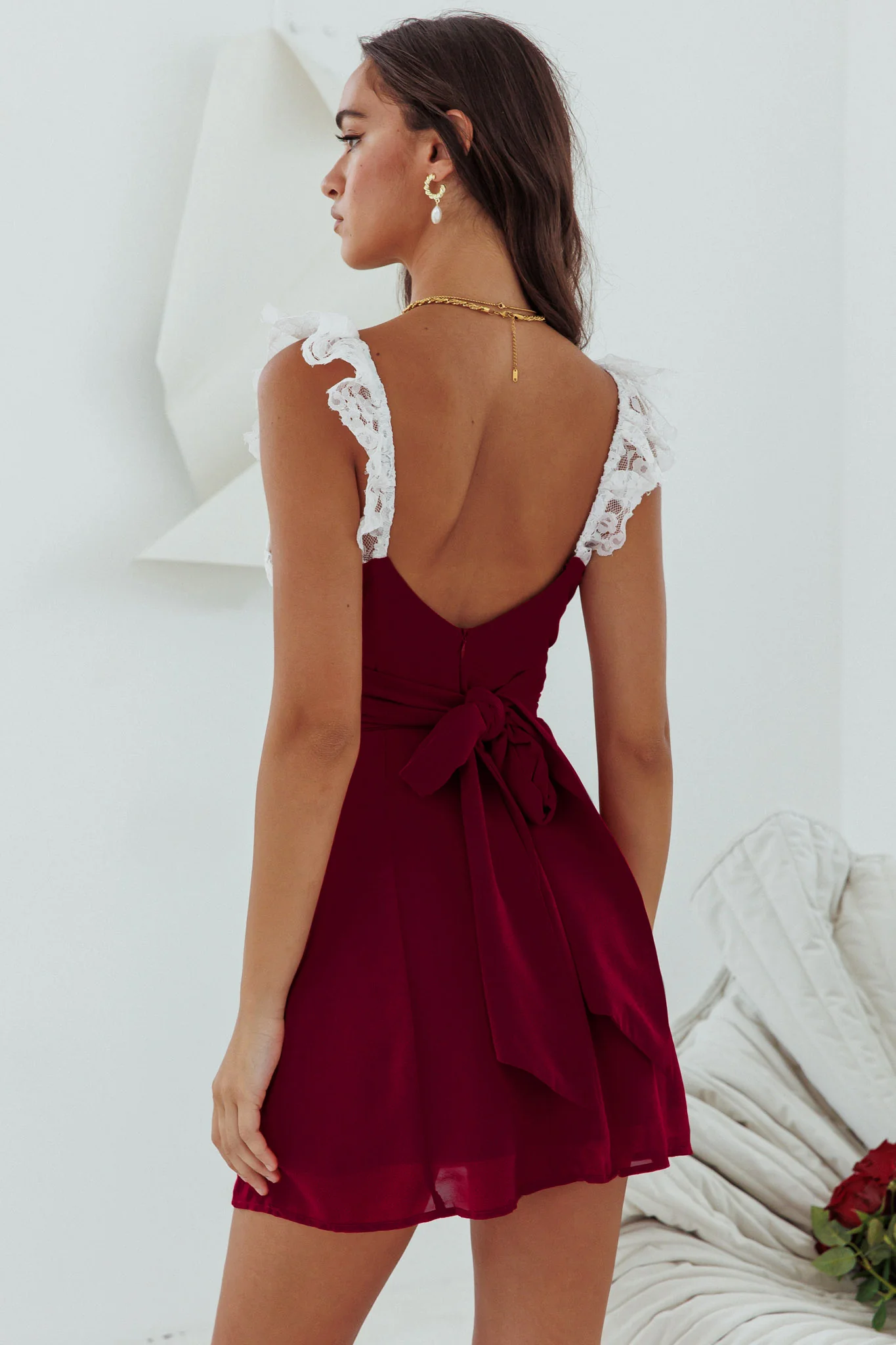Lakyn Lace Bust Tied Back Mini Dress Wine