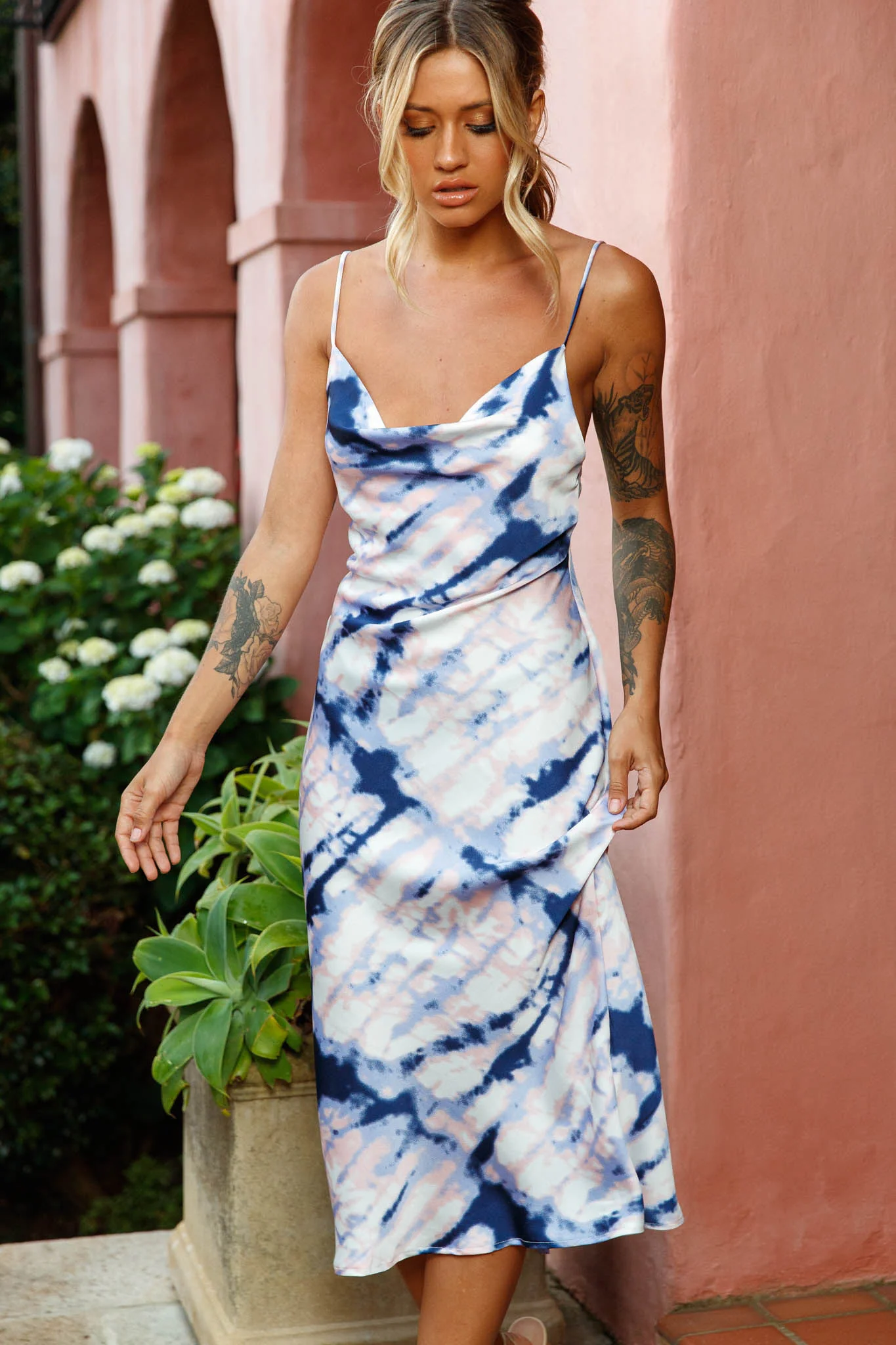Show Me Love Cowl Neck Midi Dress Tie-Dye Blue
