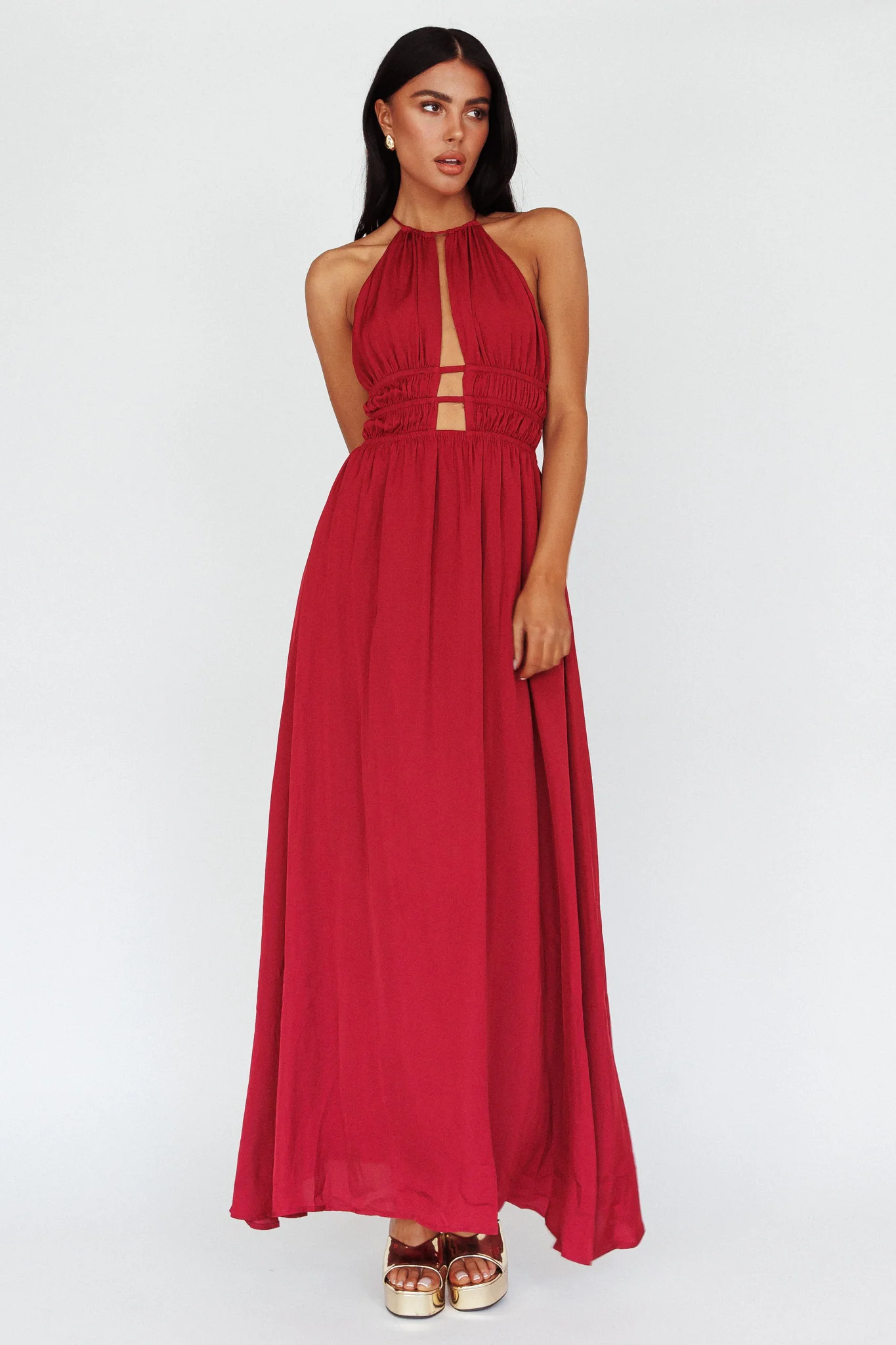 Cyndi Open Back Halterneck Maxi Dress Wine