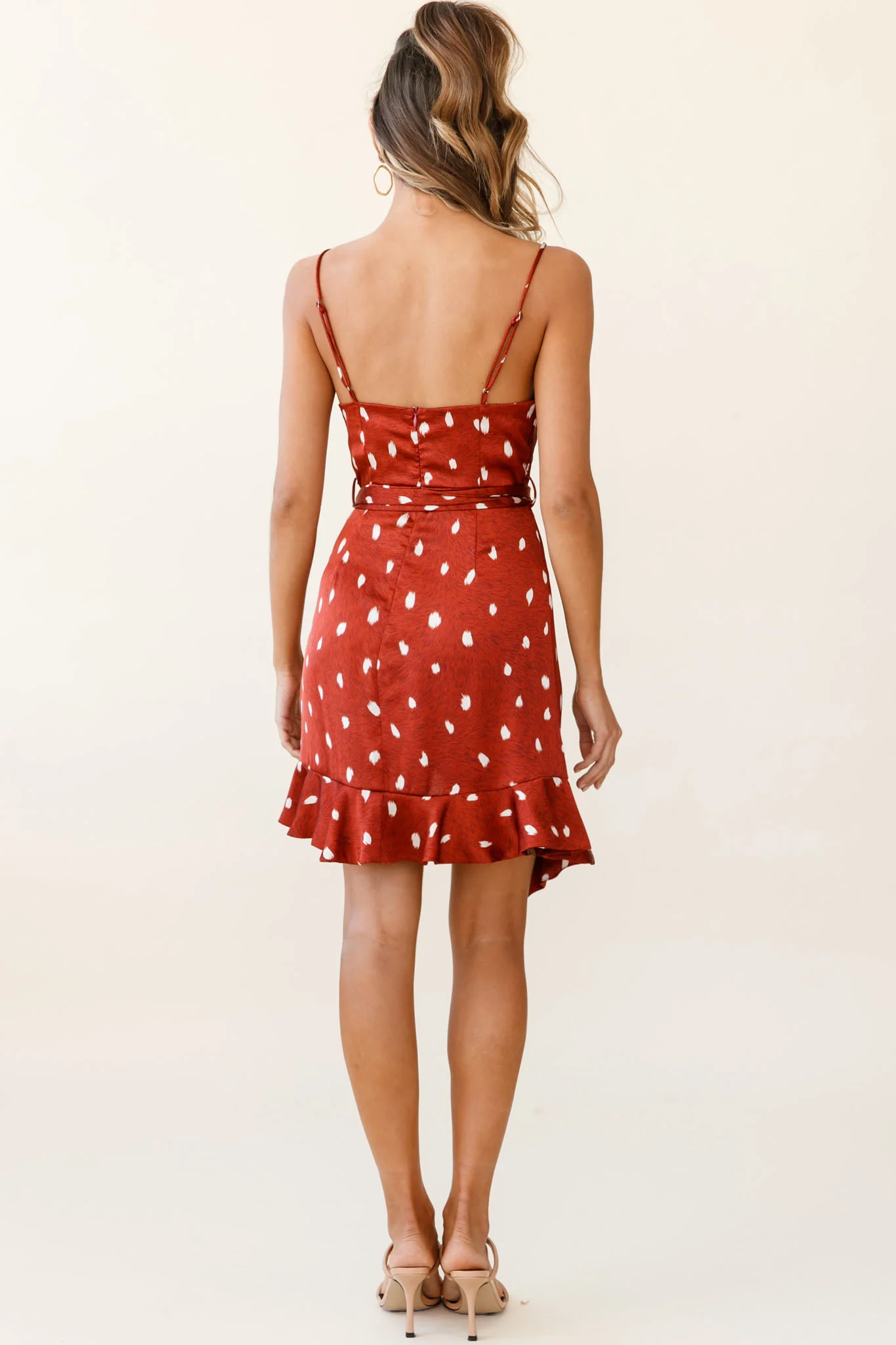 On The Prowl Cowl Neck Asymmetrical Hem Dress Spot Print Rust