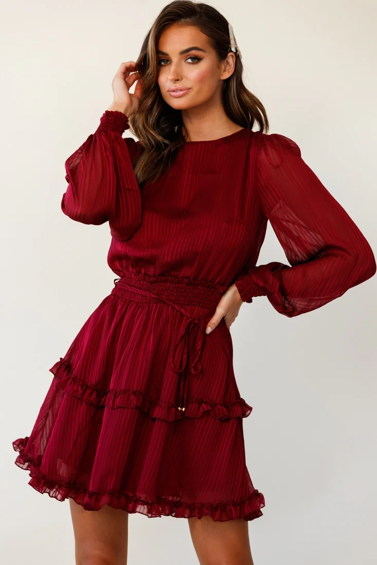 Mildred Long Sleeve Shirred Waist Frill Dress Wine