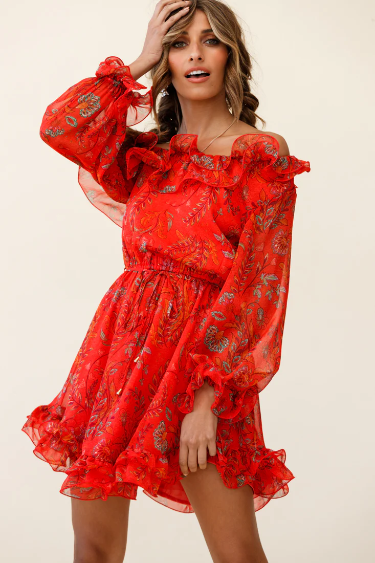 Rhiannon Off-Shoulder Lettuce Frill Dress Floral Print Red