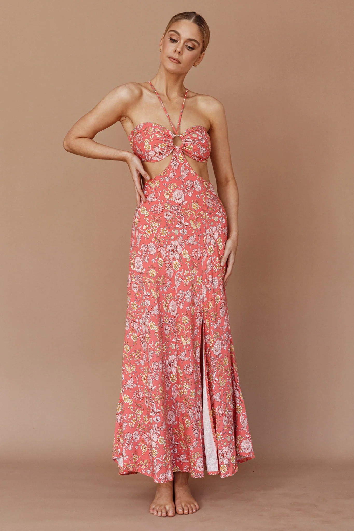 Amorcito Cut-Out Waist Midi Dress Floral Red