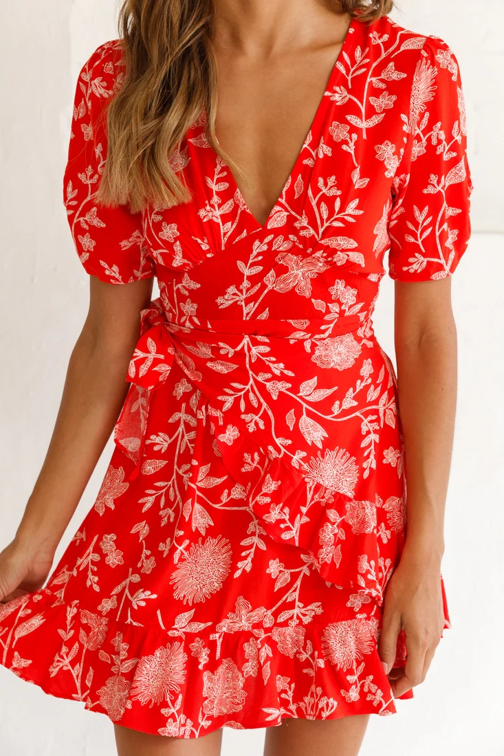 Wonderland Wrap Front Tea Dress Floral Print Red