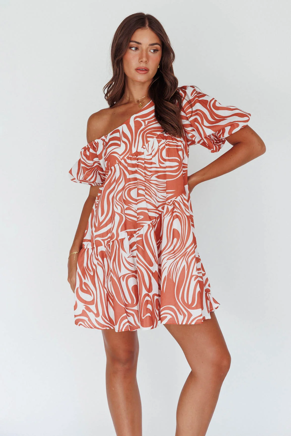 Villa Puff Sleeve One-Shoulder Dress Terracotta