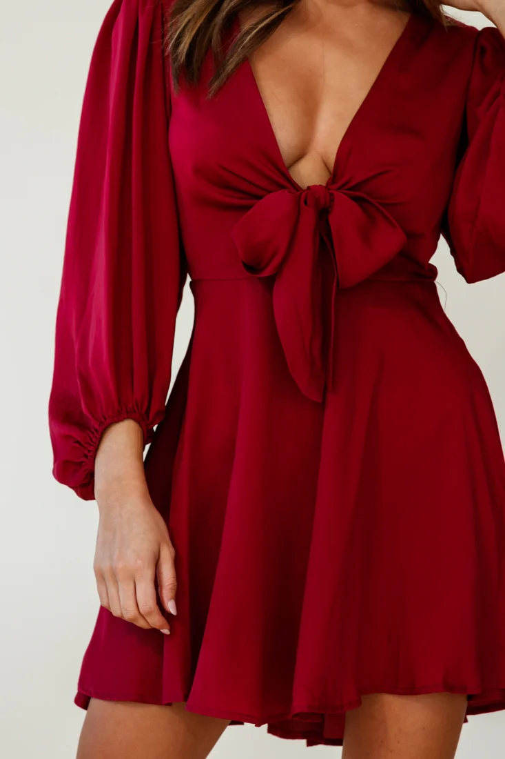 Madison Bow Tie Bust Balloon Sleeve Dress Wine