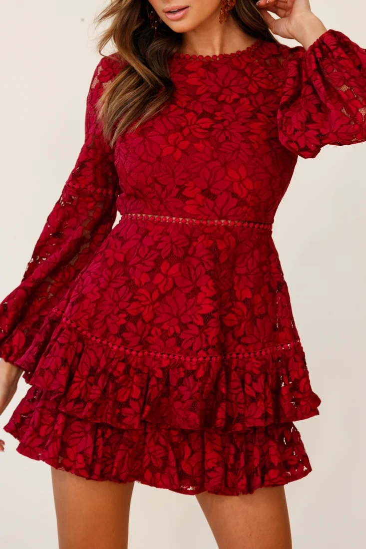 Henrietta Lace Overlay Long Sleeve Ruffle Dress Wine