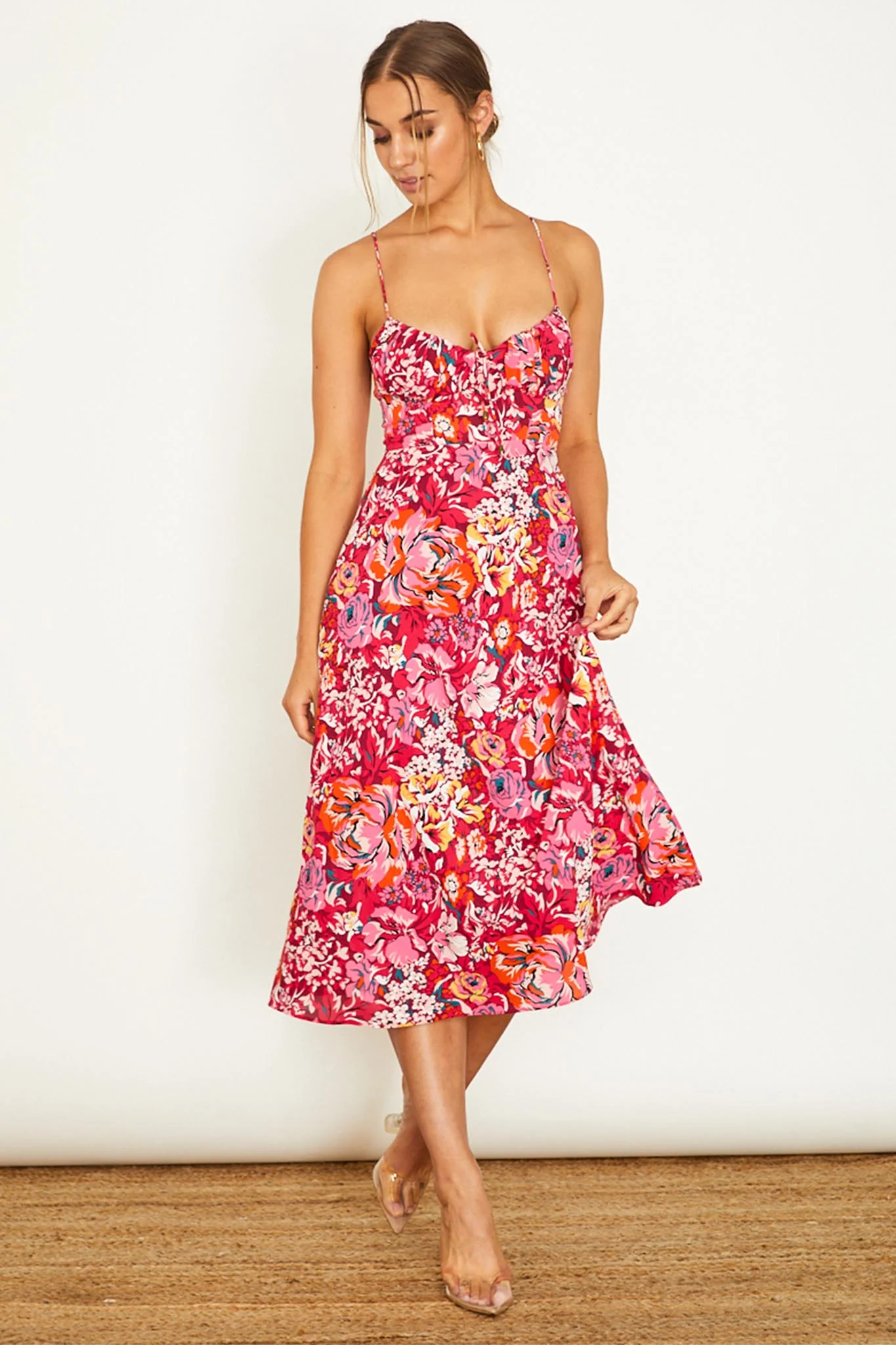 Malibu Gathered Bust Cami Strap Midi Dress Floral Red