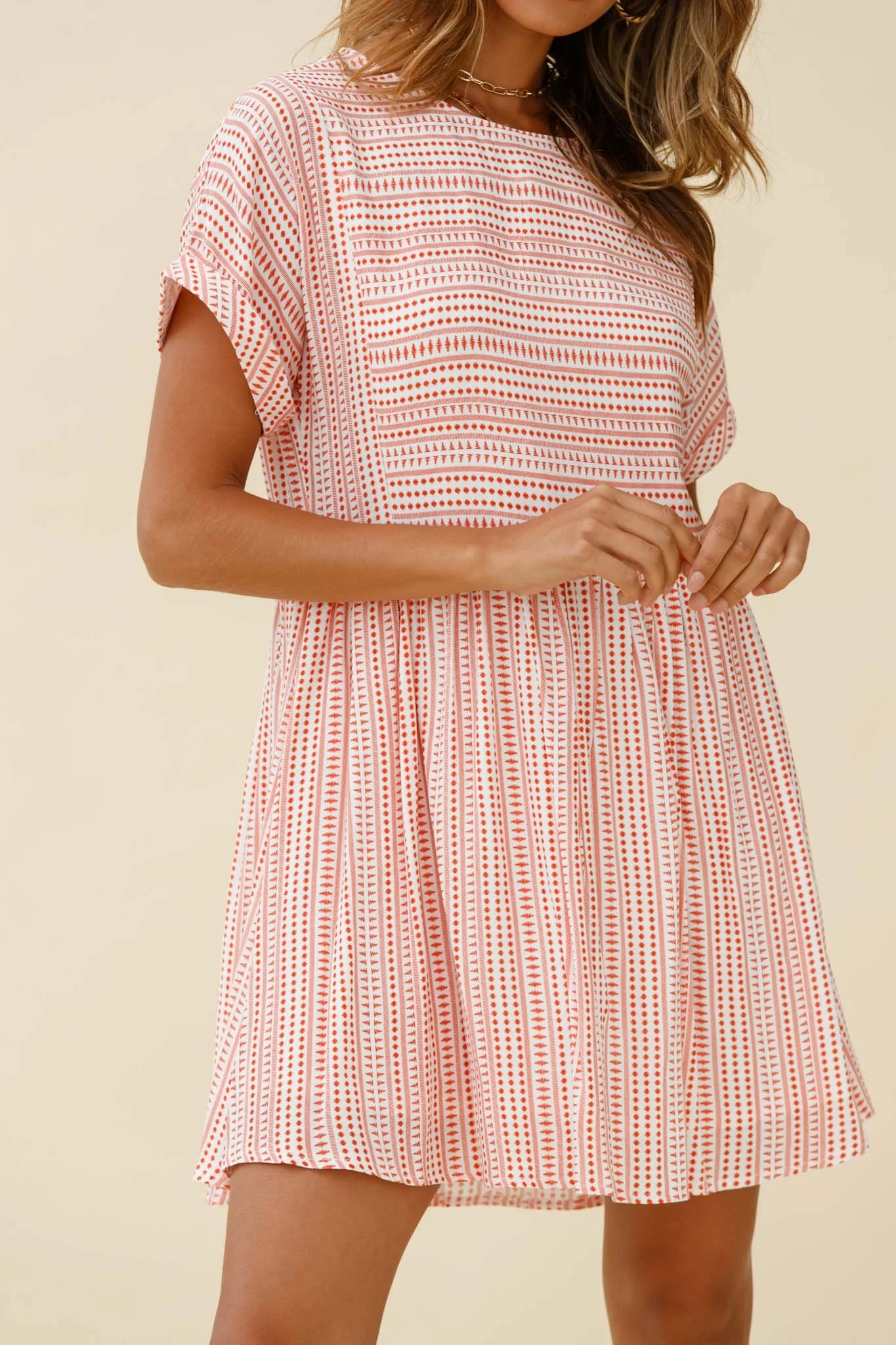 Susie Rolled Sleeve Crew Neck Swing Dress Stripe Pattern Red