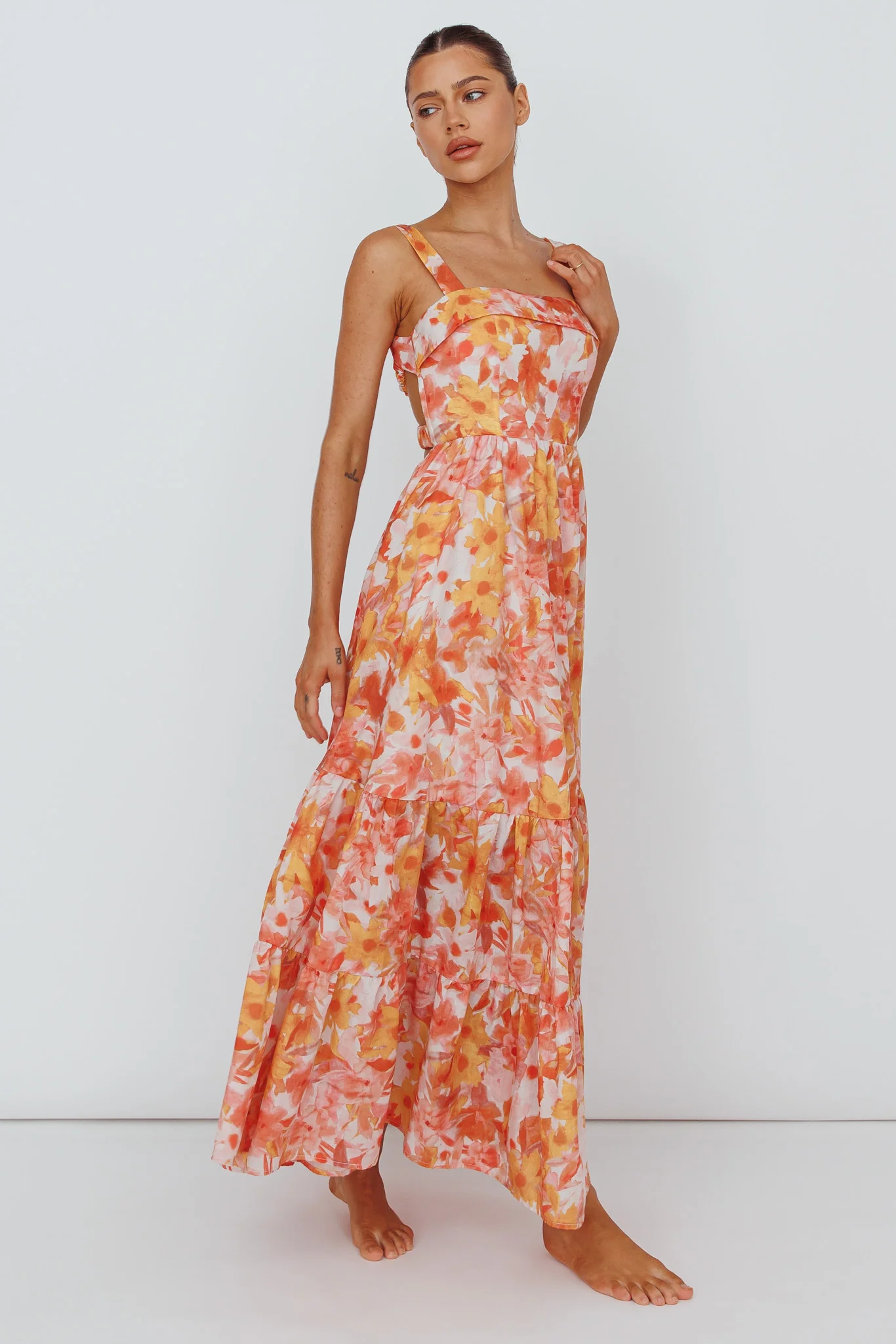 Lisseth Foldover Neckline Midi Dress Floral Red