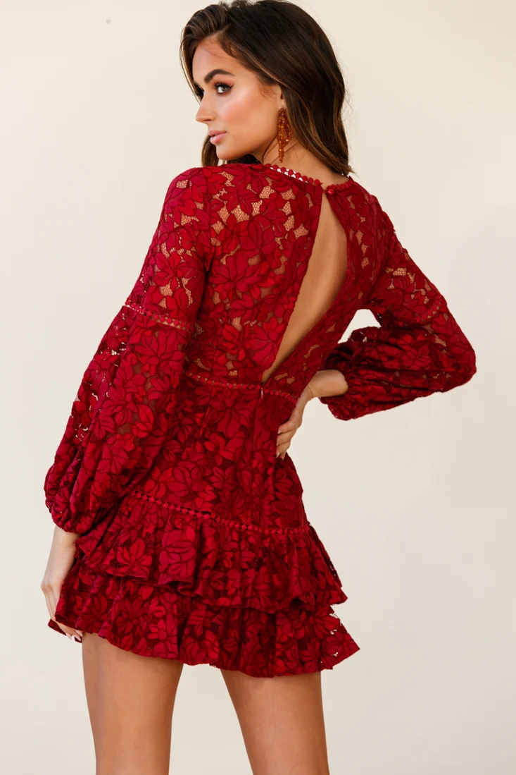 Henrietta Lace Overlay Long Sleeve Ruffle Dress Wine