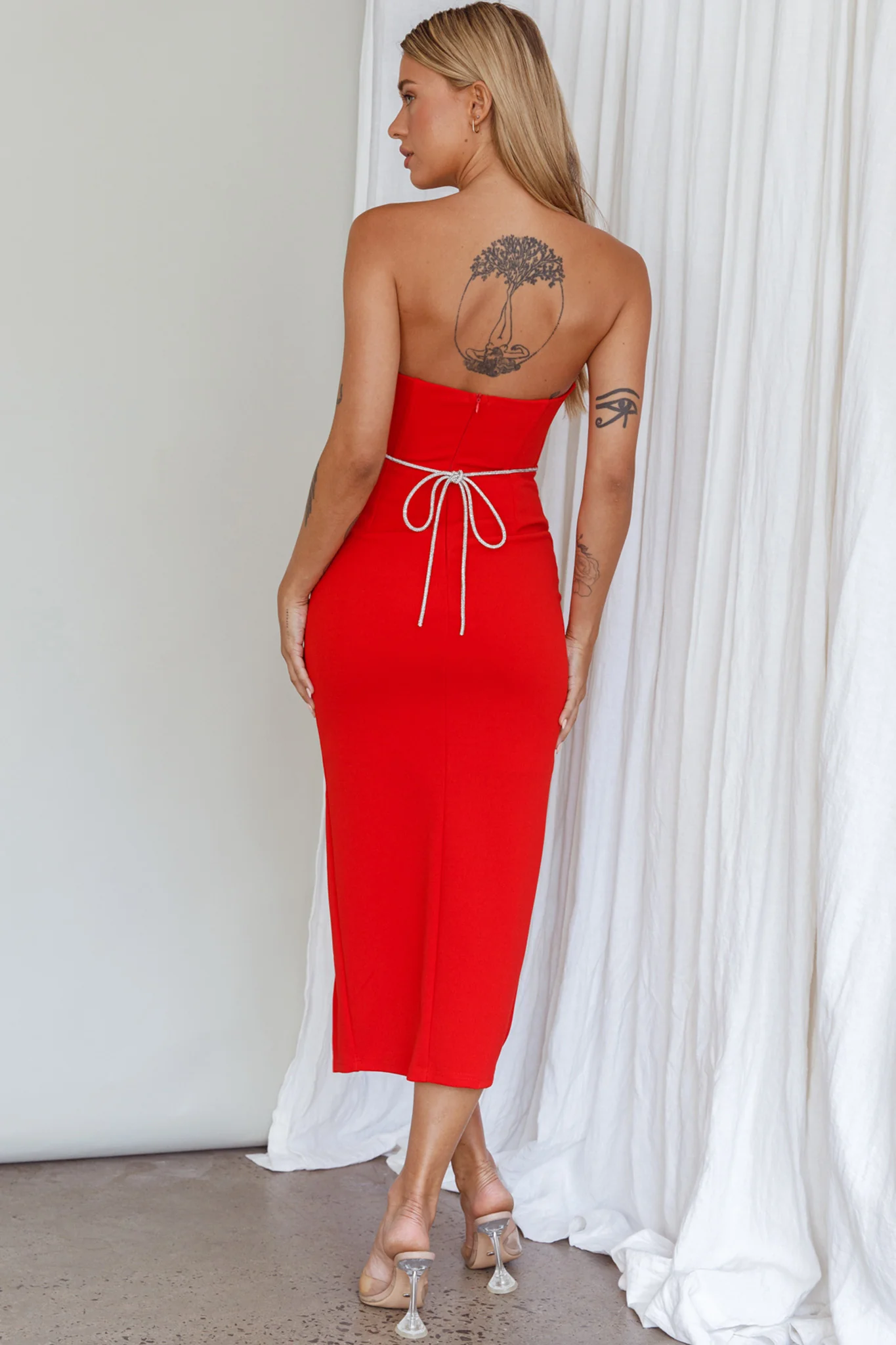 Nohemi Strapless Diamante Midi Dress Red