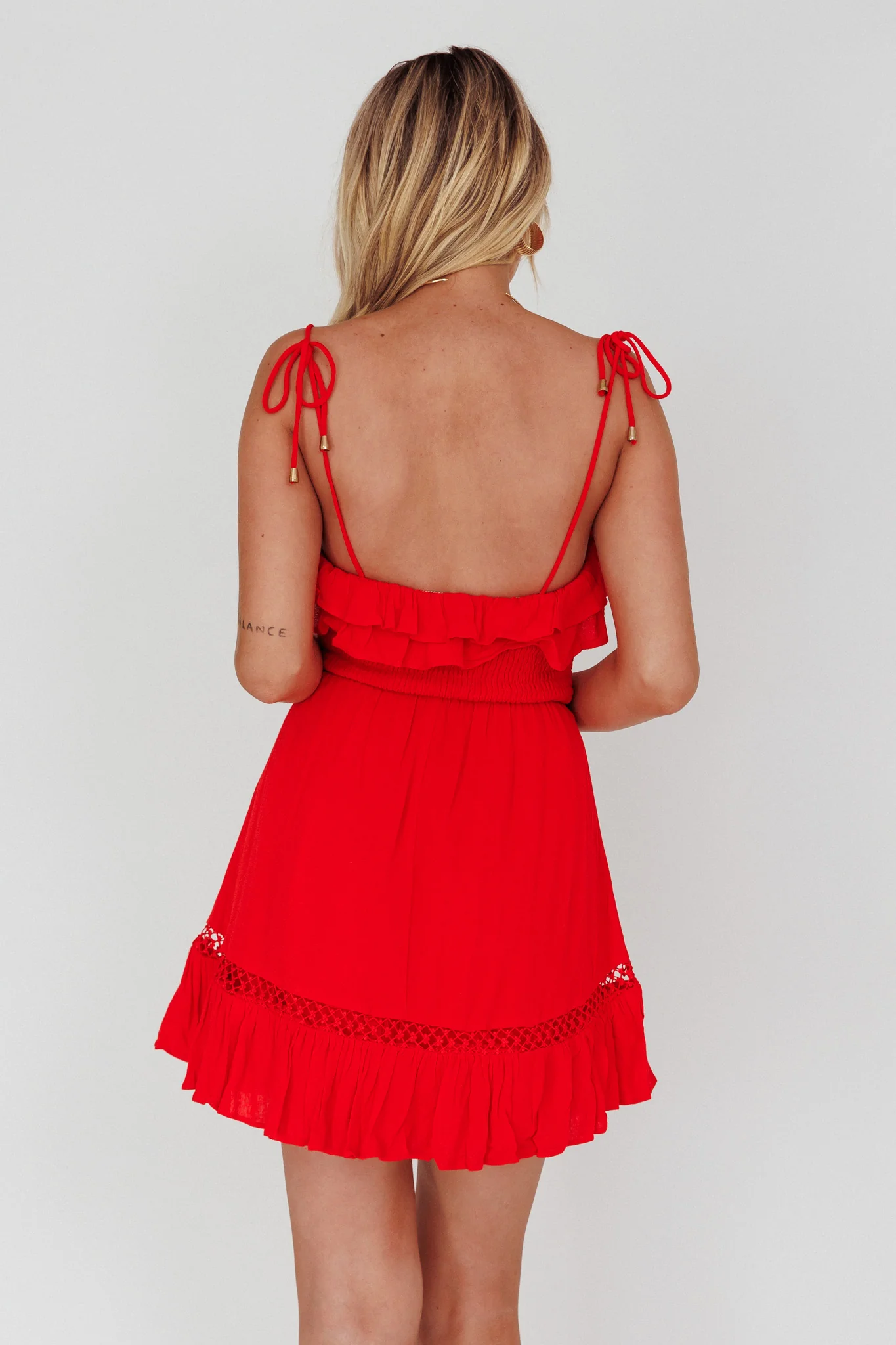 Daydream Shirred Bust Frill Trim Mini Dress Red