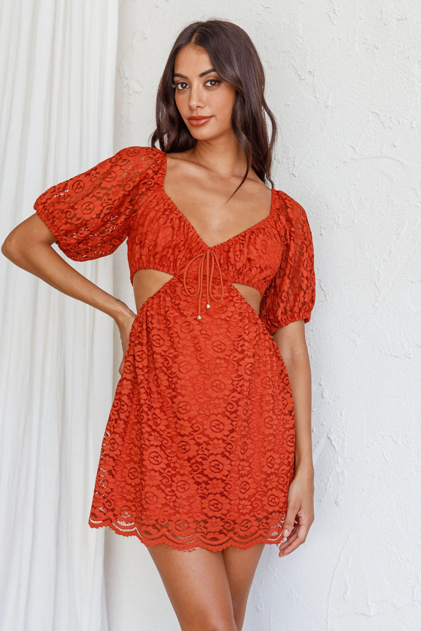 Feelin' Good Cut-Out Waist Lace Dress Rust