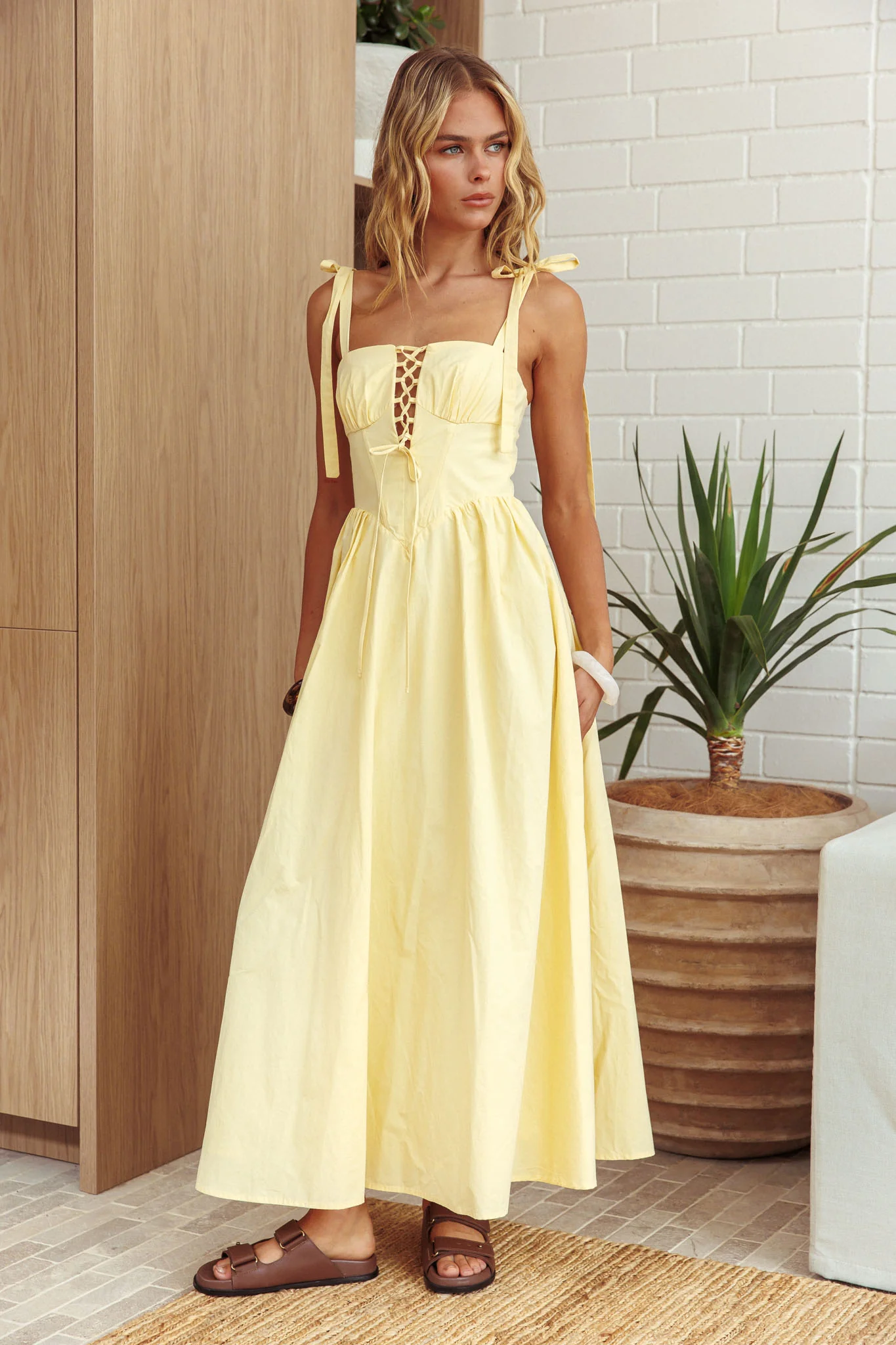 Kiahna Lace-Up Bodice Maxi Dress Butter
