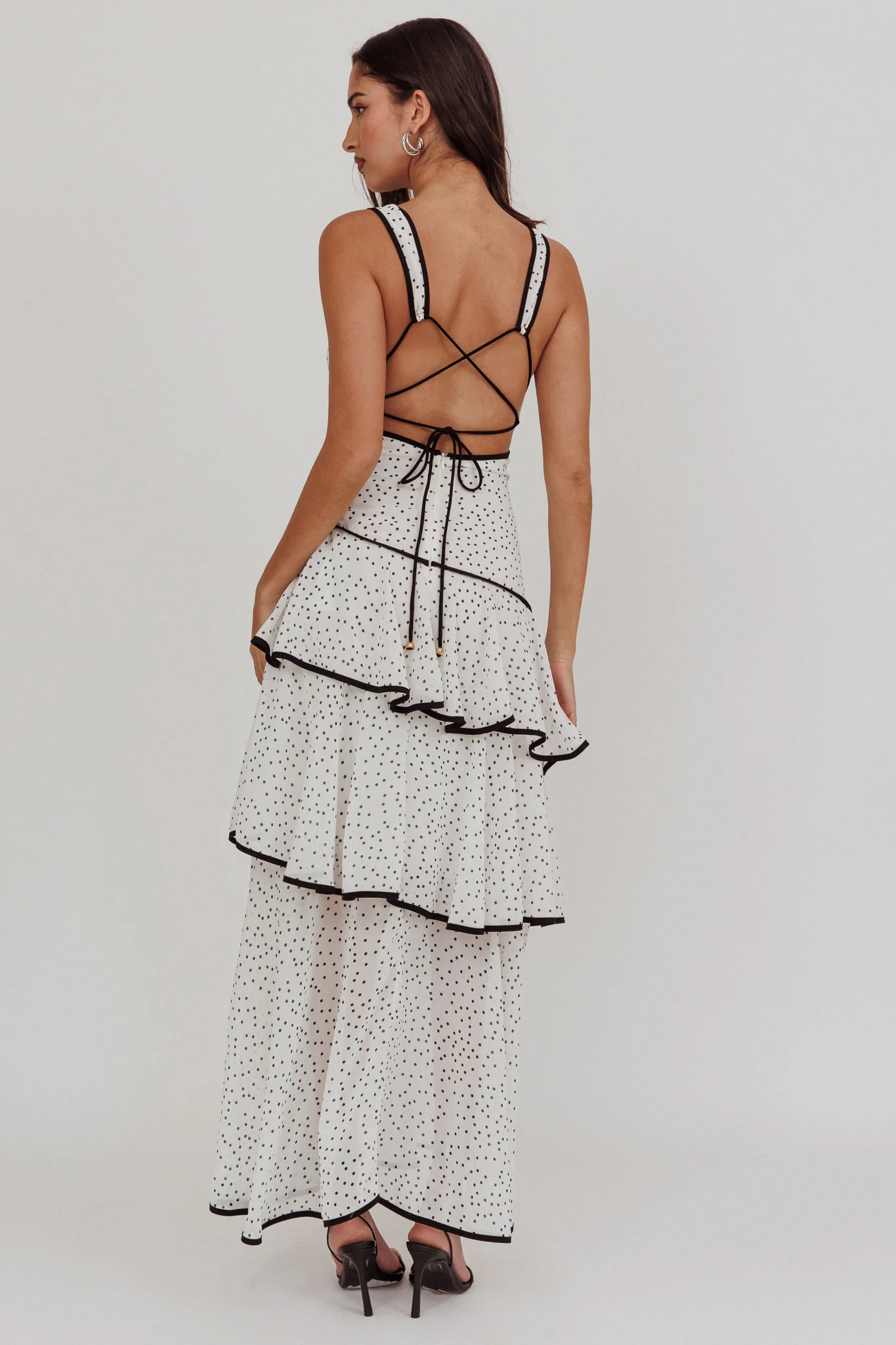 Veda Strappy Back Ruffle Maxi Dress Polka Dot White