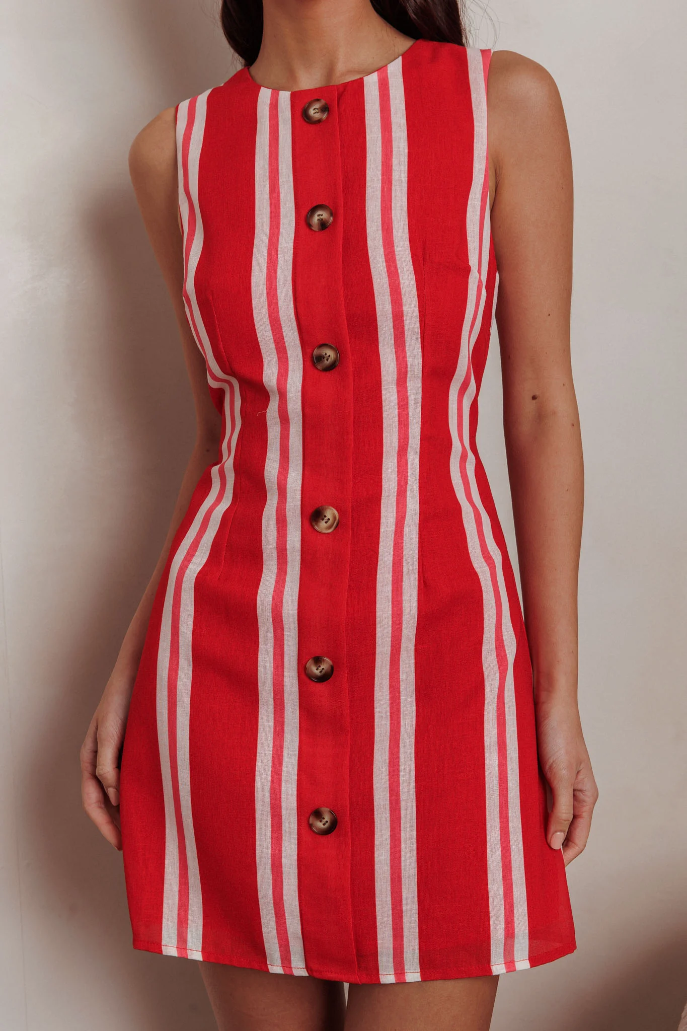 Kalena Faux Placket Mini Dress Stripe Red