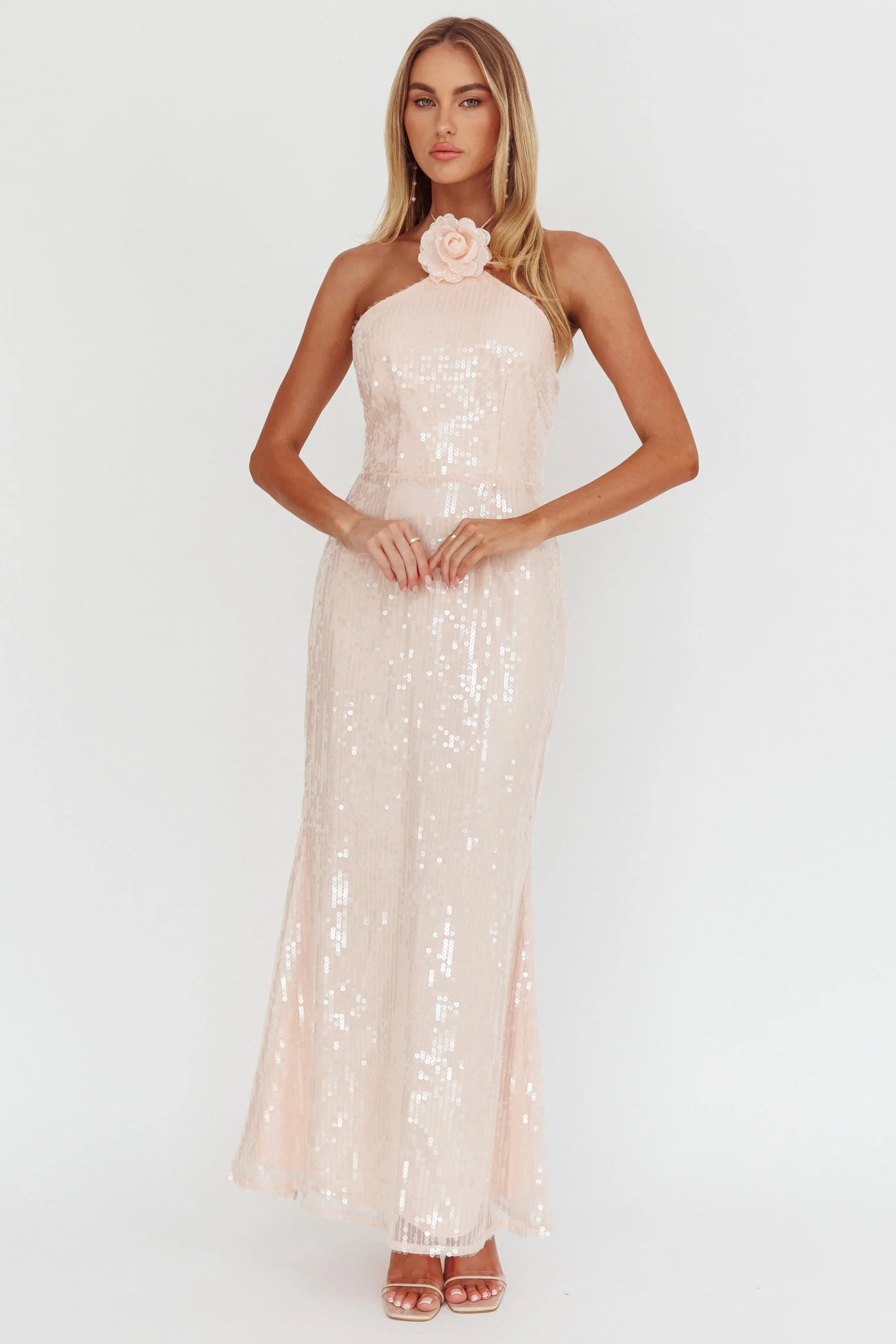 High Roller Flower Decoration Halter Dress Sequin Pink