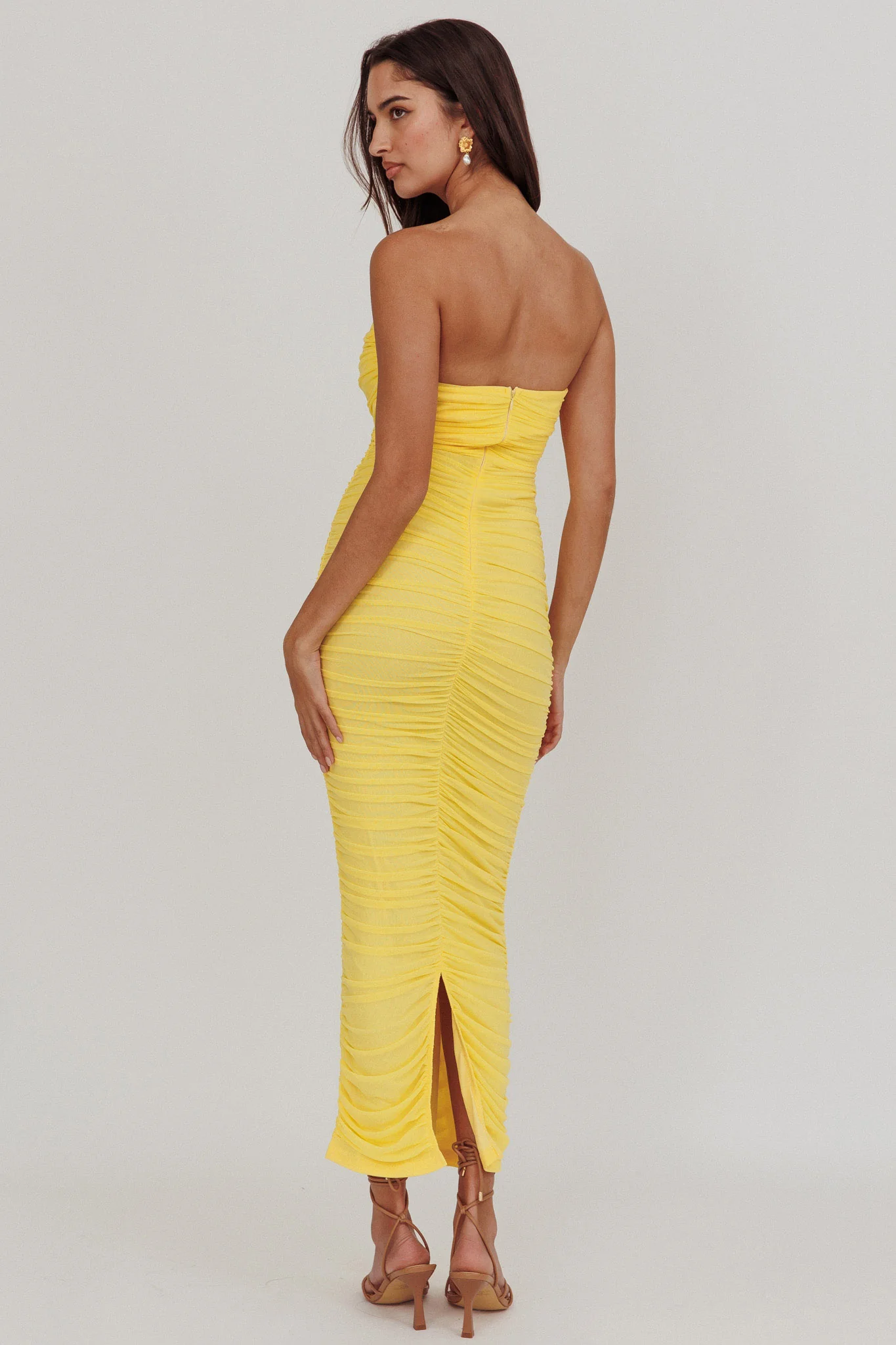 Midwest Strapless Gathered Mesh Maxi Dress Lemon
