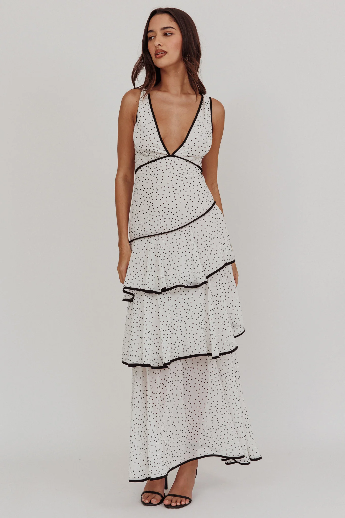Veda Strappy Back Ruffle Maxi Dress Polka Dot White
