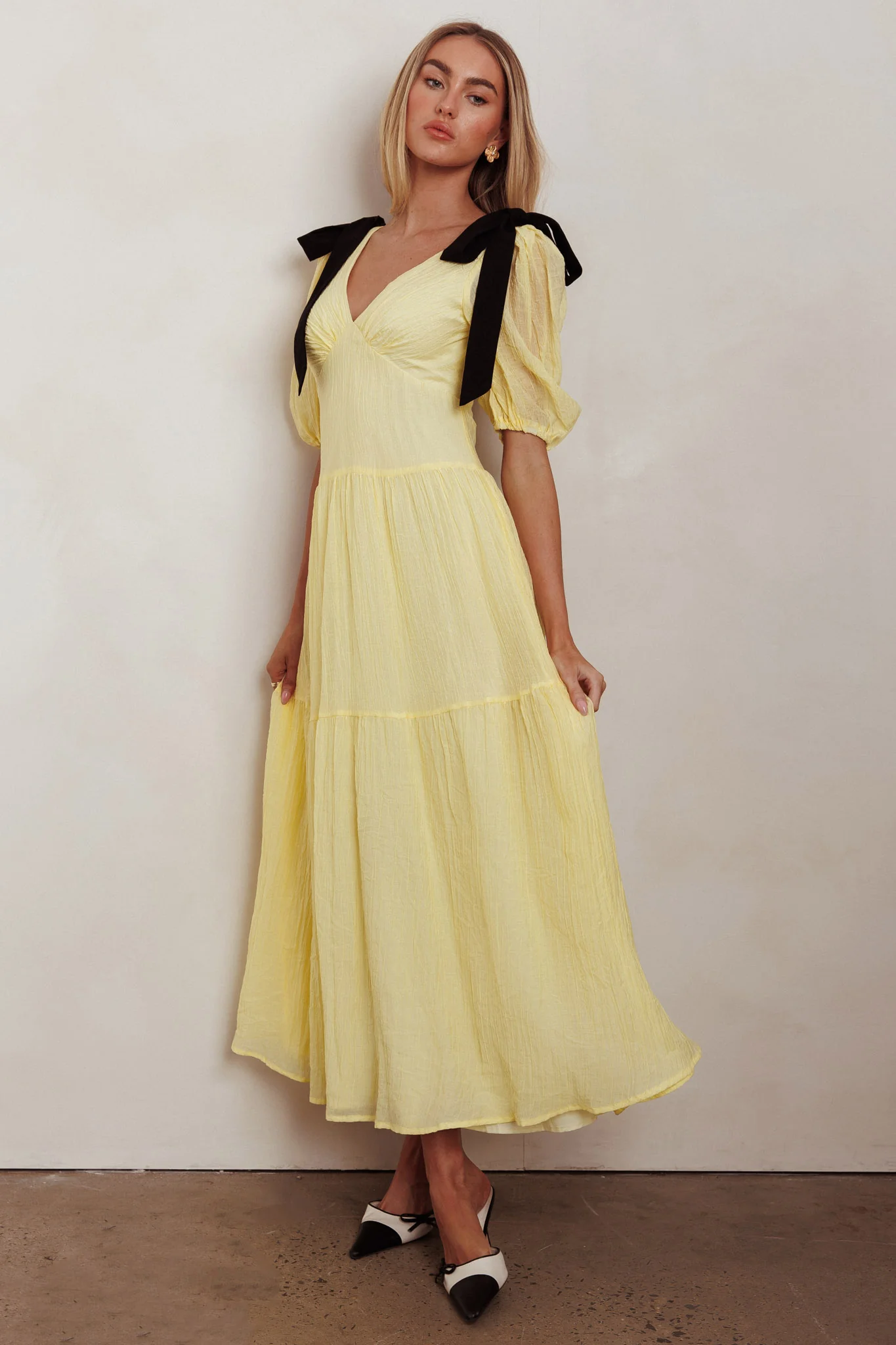 Sinta Bow Shoulder Puff Sleeve Maxi Dress Lemon