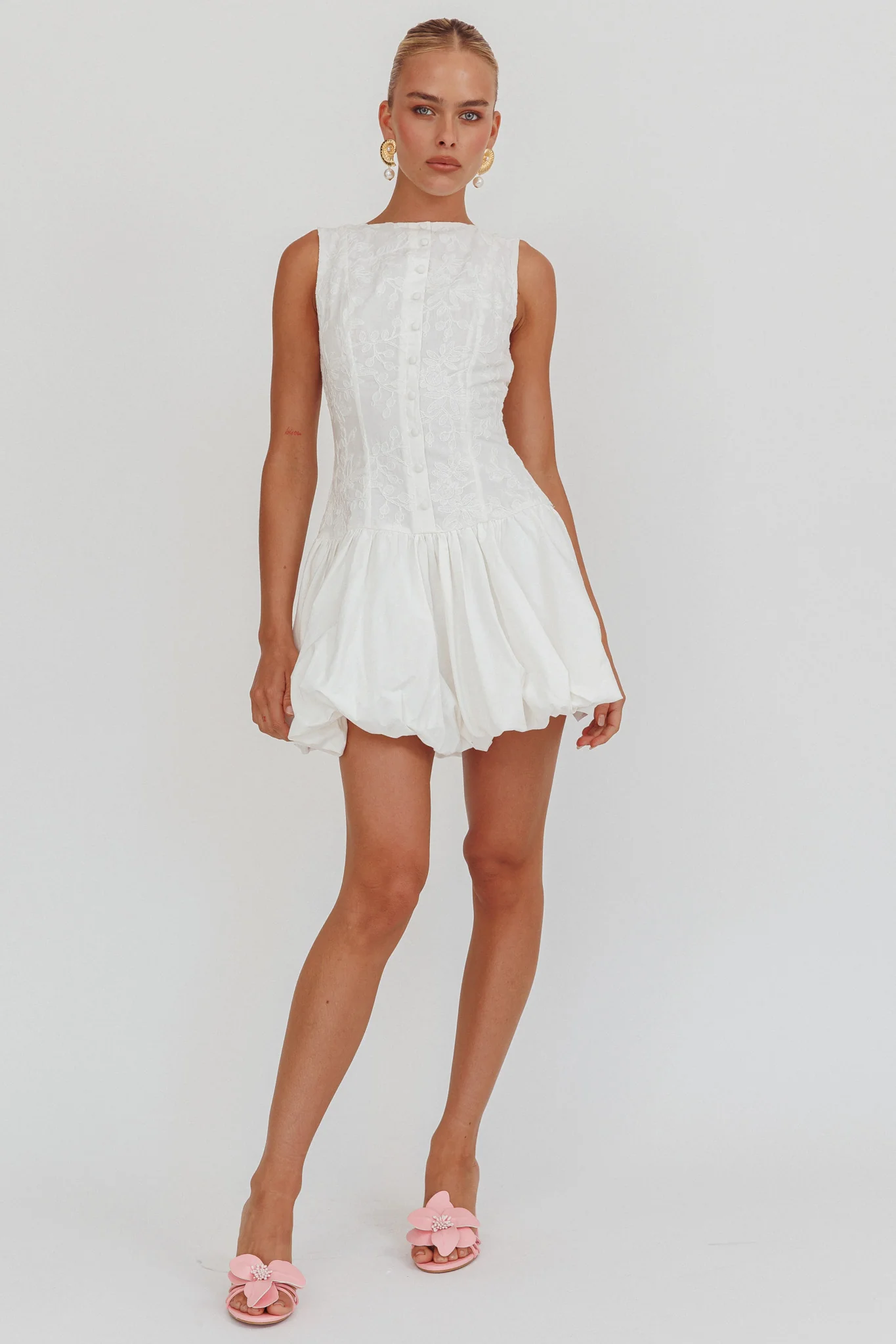 Opulent Sleeveless Bubble Hem Mini Dress Embroidered White