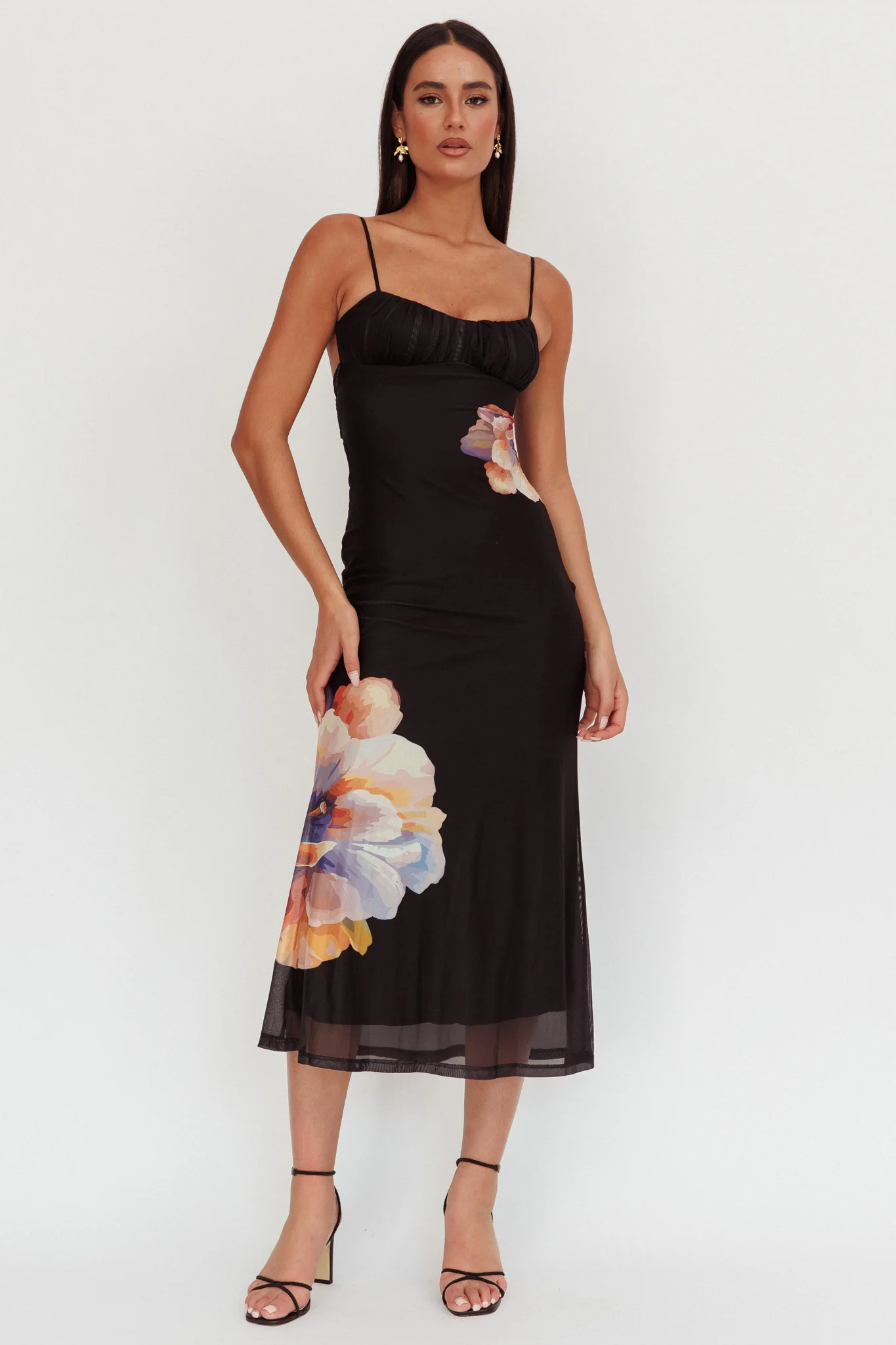 Nerida Gathered Bust Maxi Dress Flowers Black