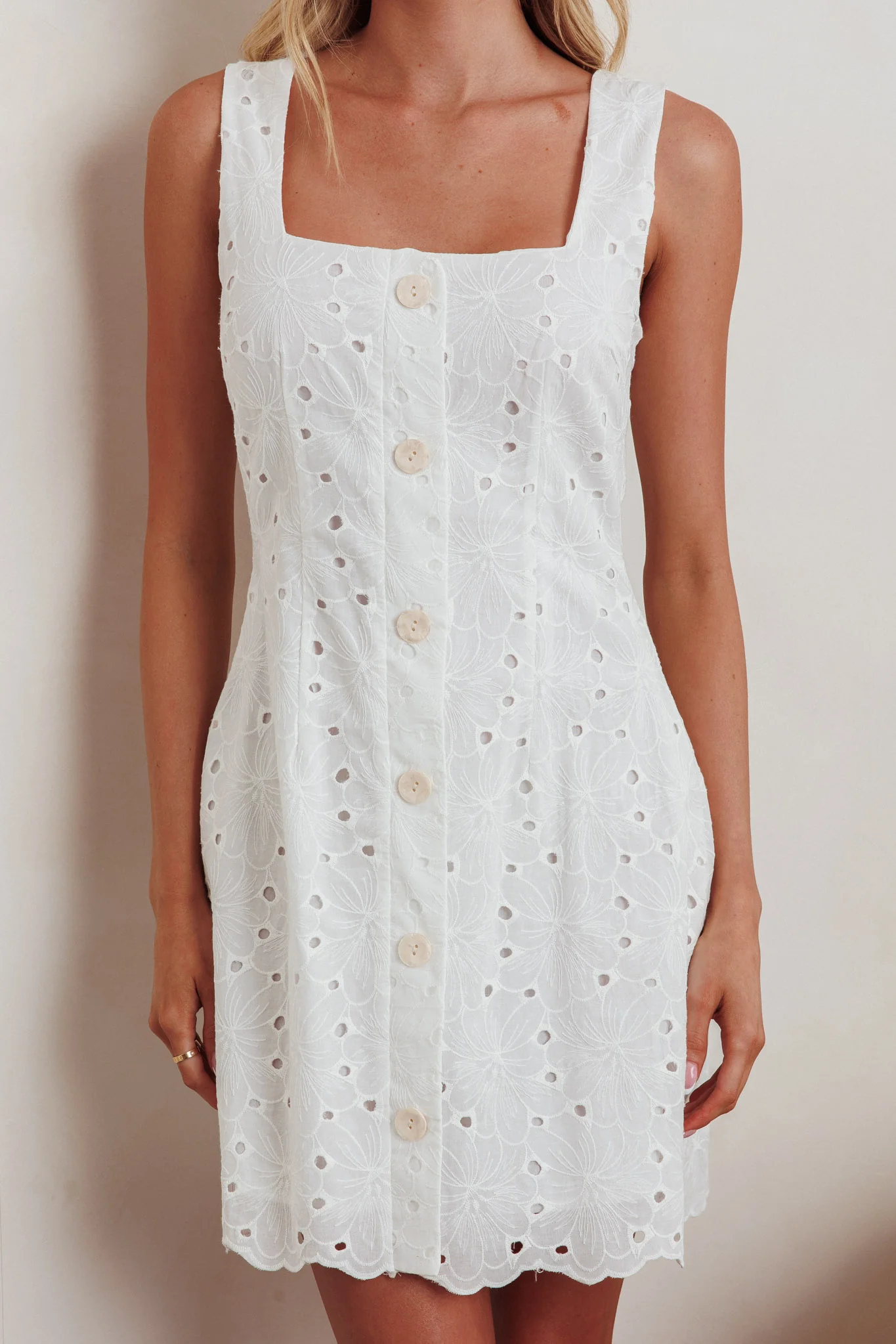 Villanelle Faux Button Placket Eyelet Mini Dress White