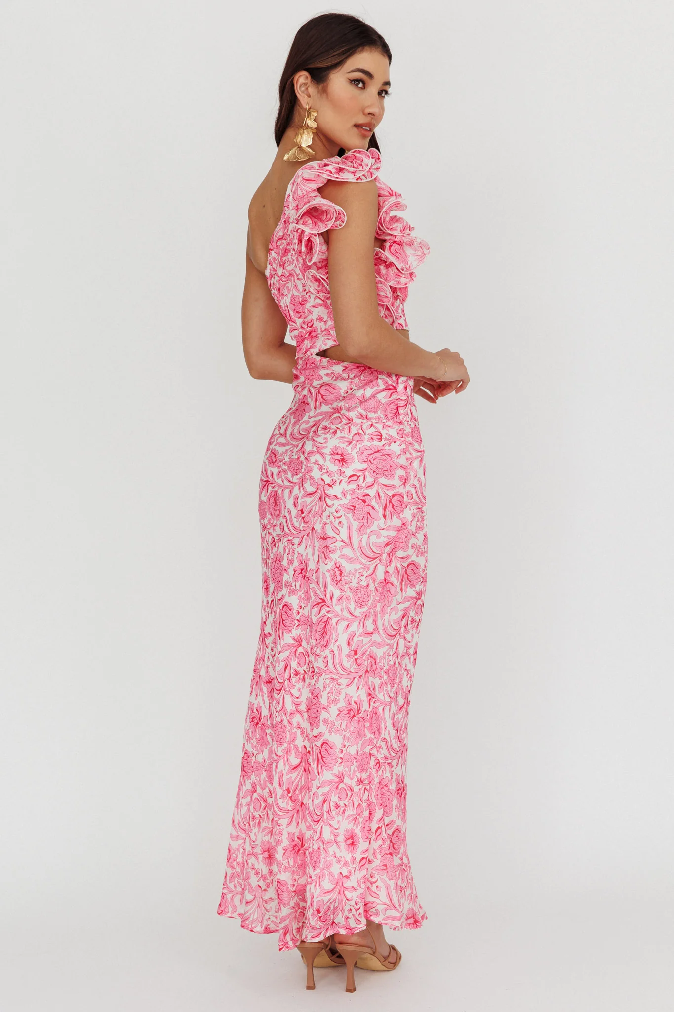 Deanna One-Shoulder Ruffle Midi Dress Floral Pink