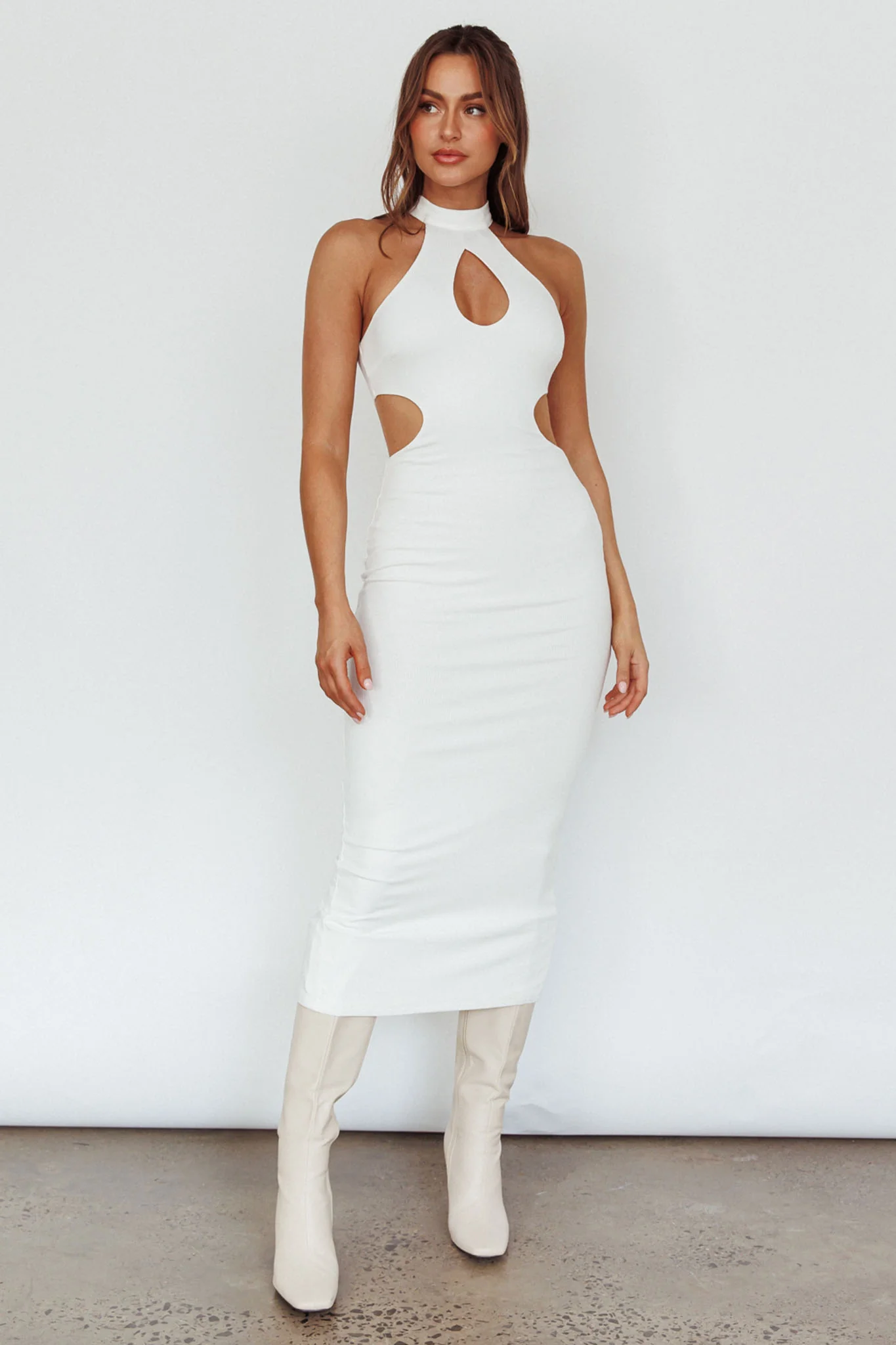 Estella Keyhole Ribbed Midi Dress White