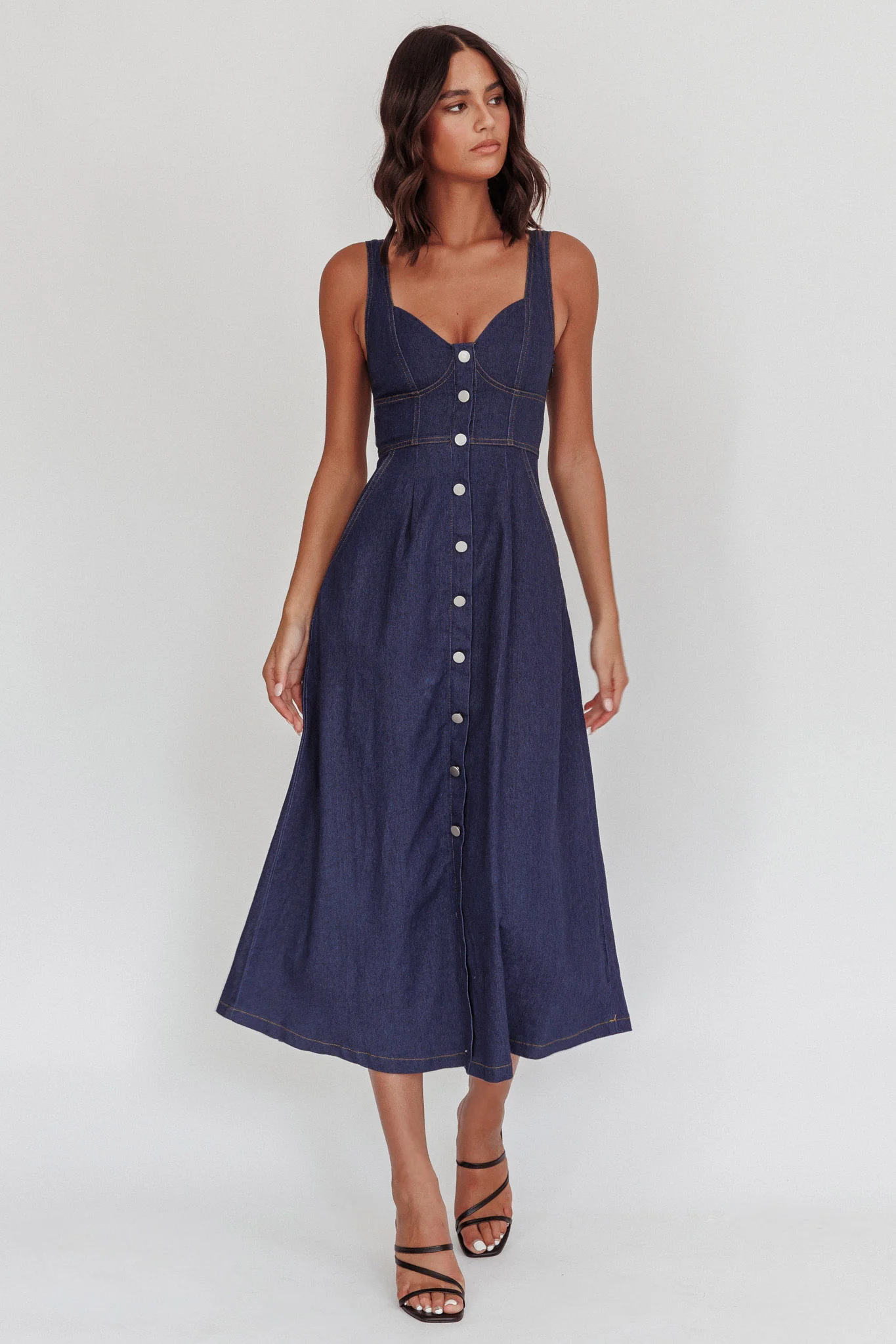 Pixie Dust Button Front Midi Dress Dark Denim