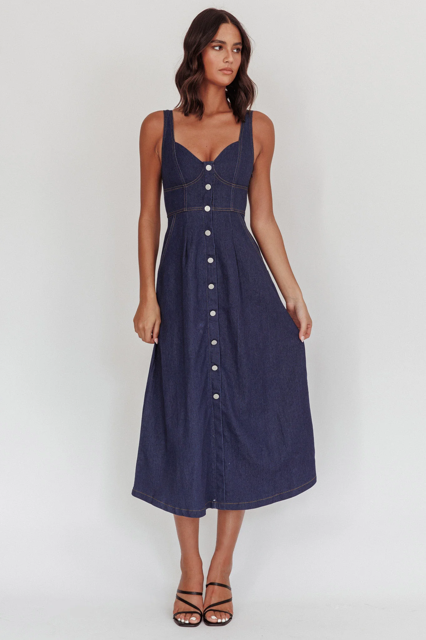Pixie Dust Button Front Midi Dress Dark Denim