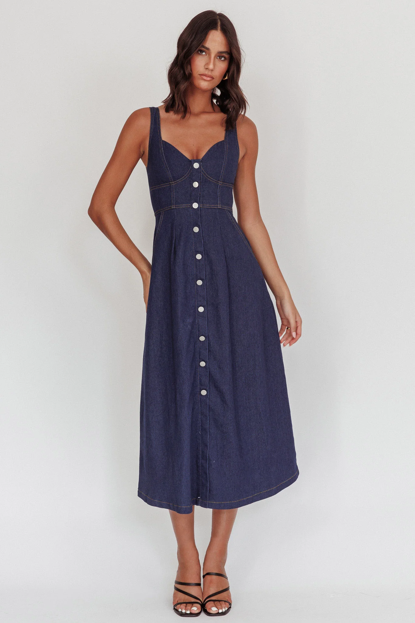 Pixie Dust Button Front Midi Dress Dark Denim
