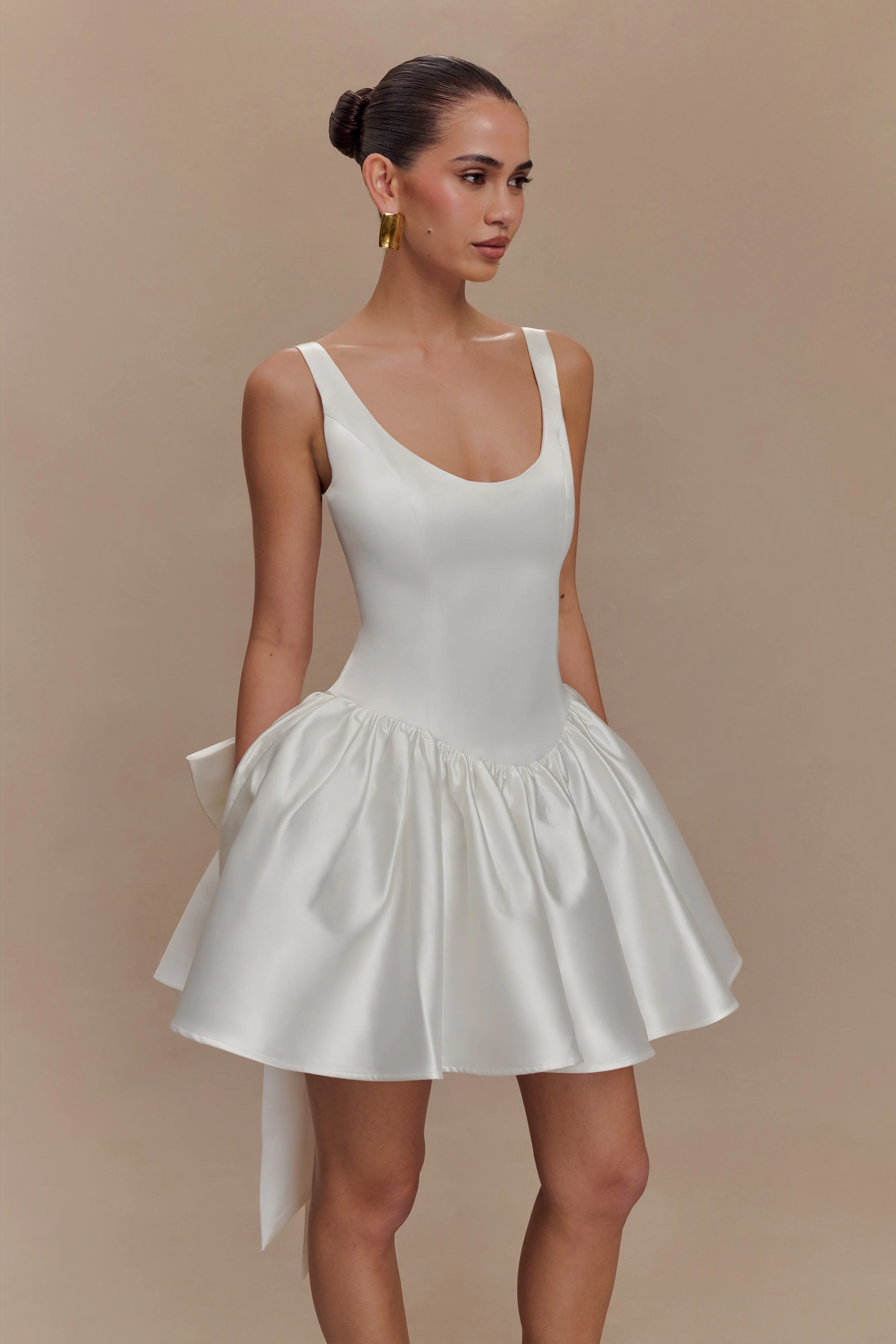 Felicia Satin Mini Dress With Bow - White