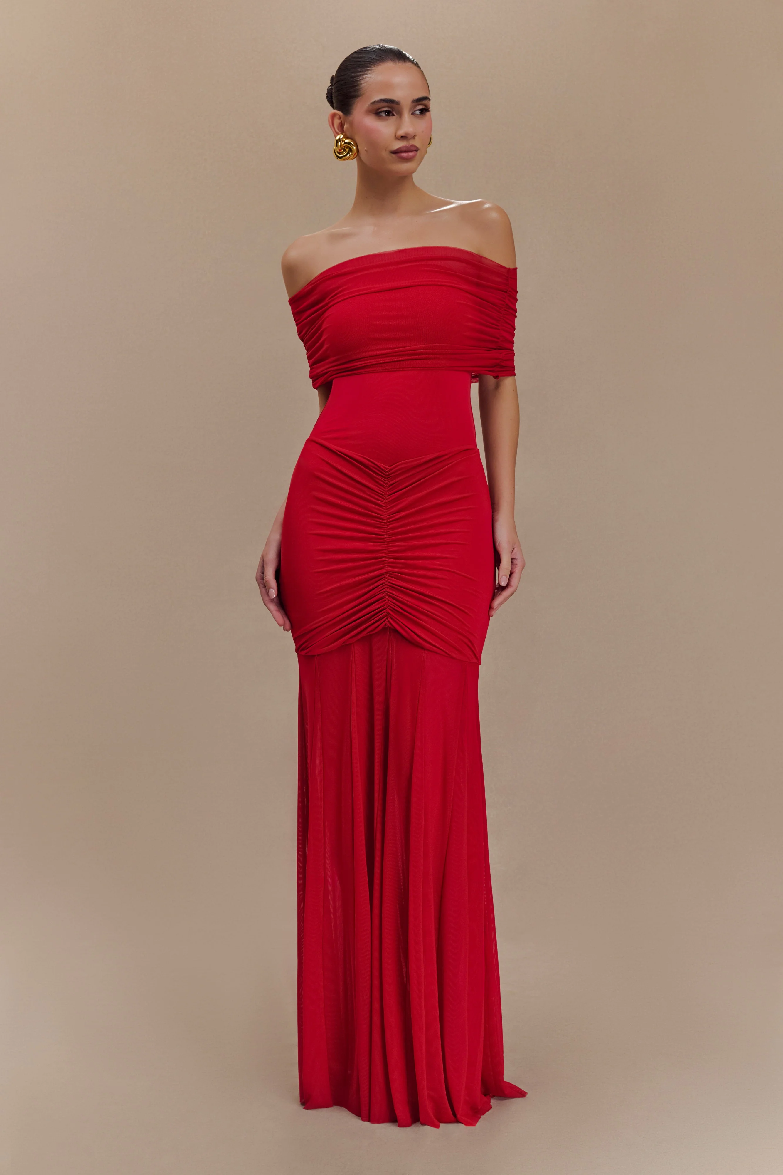 Caspian Slinky And Mesh Off Shoulder Maxi Dress - Ruby