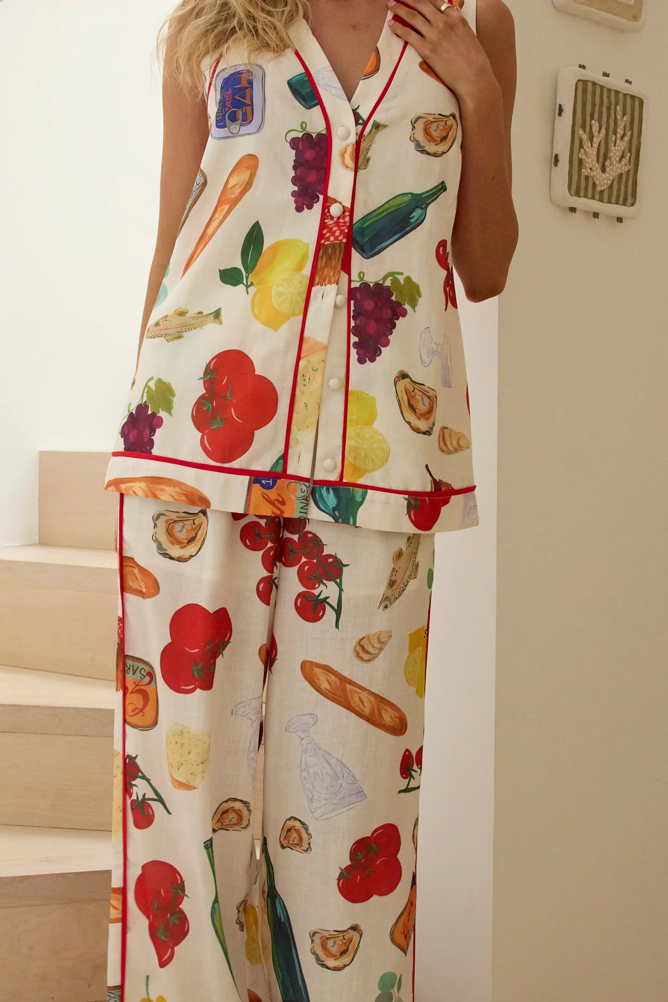 Canyons Piping Trim Wide Leg Pants Print Beige