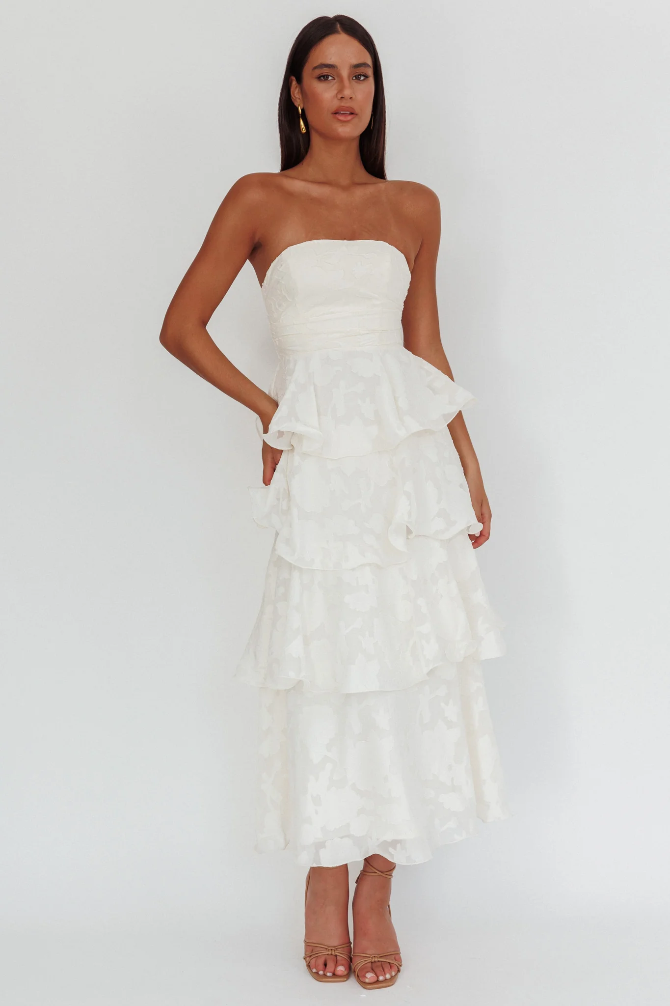 Giavana Strapless Layered Midi Dress Floral Embossed Cream