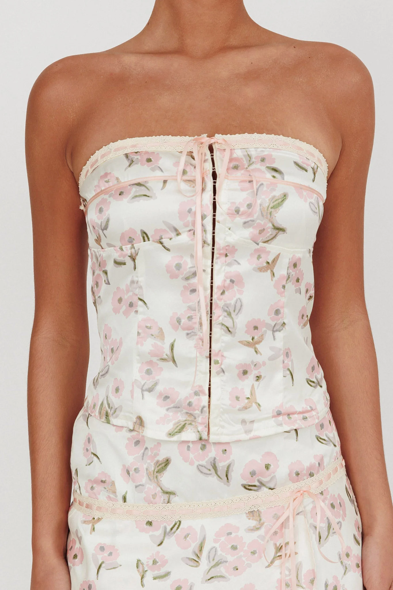 Tiya Strapless Ribbon Top Floral Pink